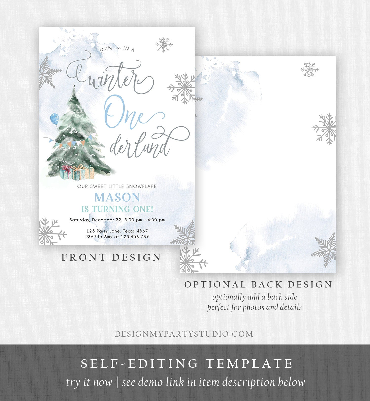 Editable Winter ONEderland Birthday Invitation First Birthday 1st Boy Blue Grey Snow Watercolor Tree Christmas Snowflake Corjl Template 0363