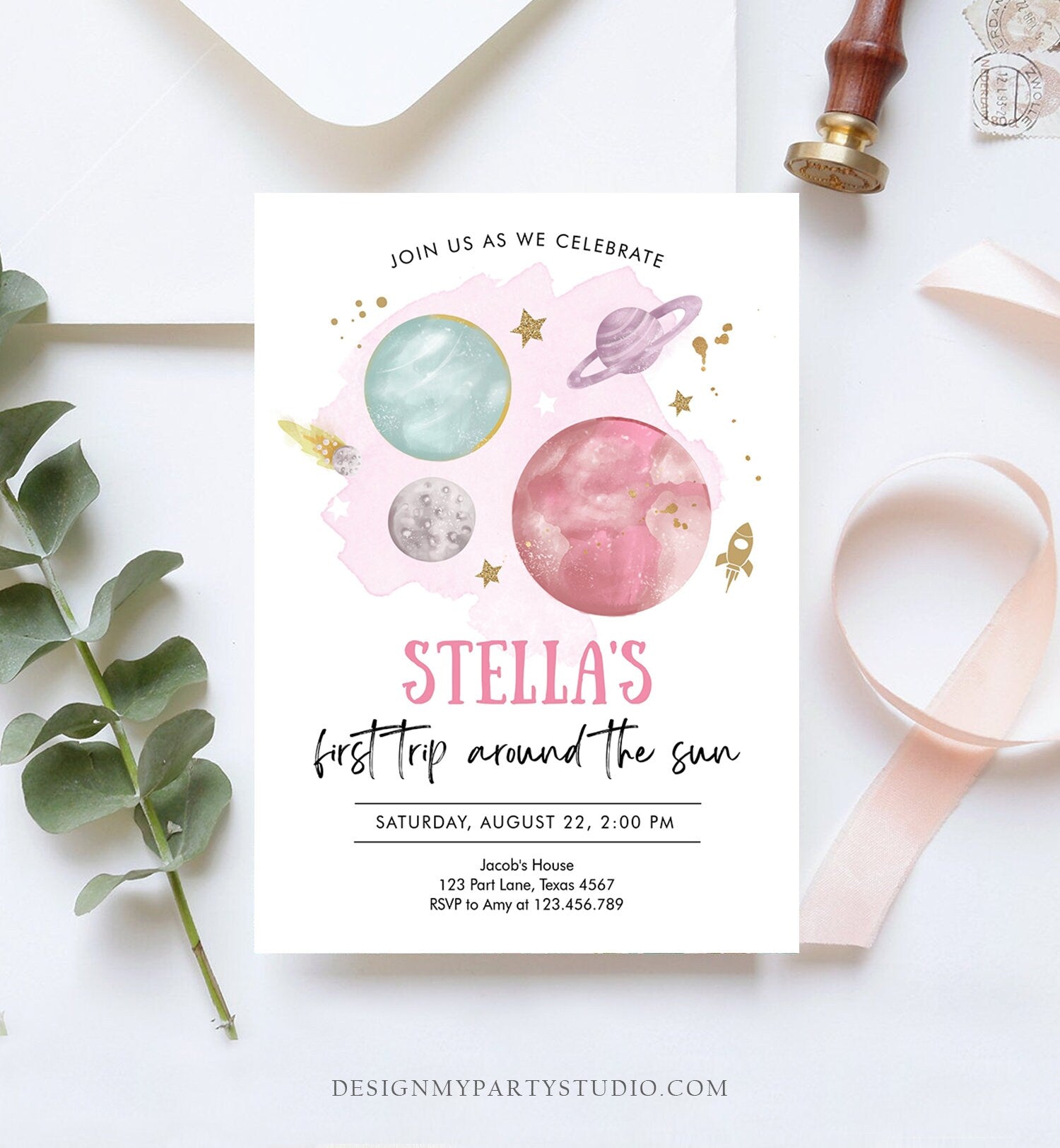 Editable Outer Space Girl First Birthday Invitation Galaxy Blast Off First Trip Around the Sun Pink Download Printable Template Corjl 0357