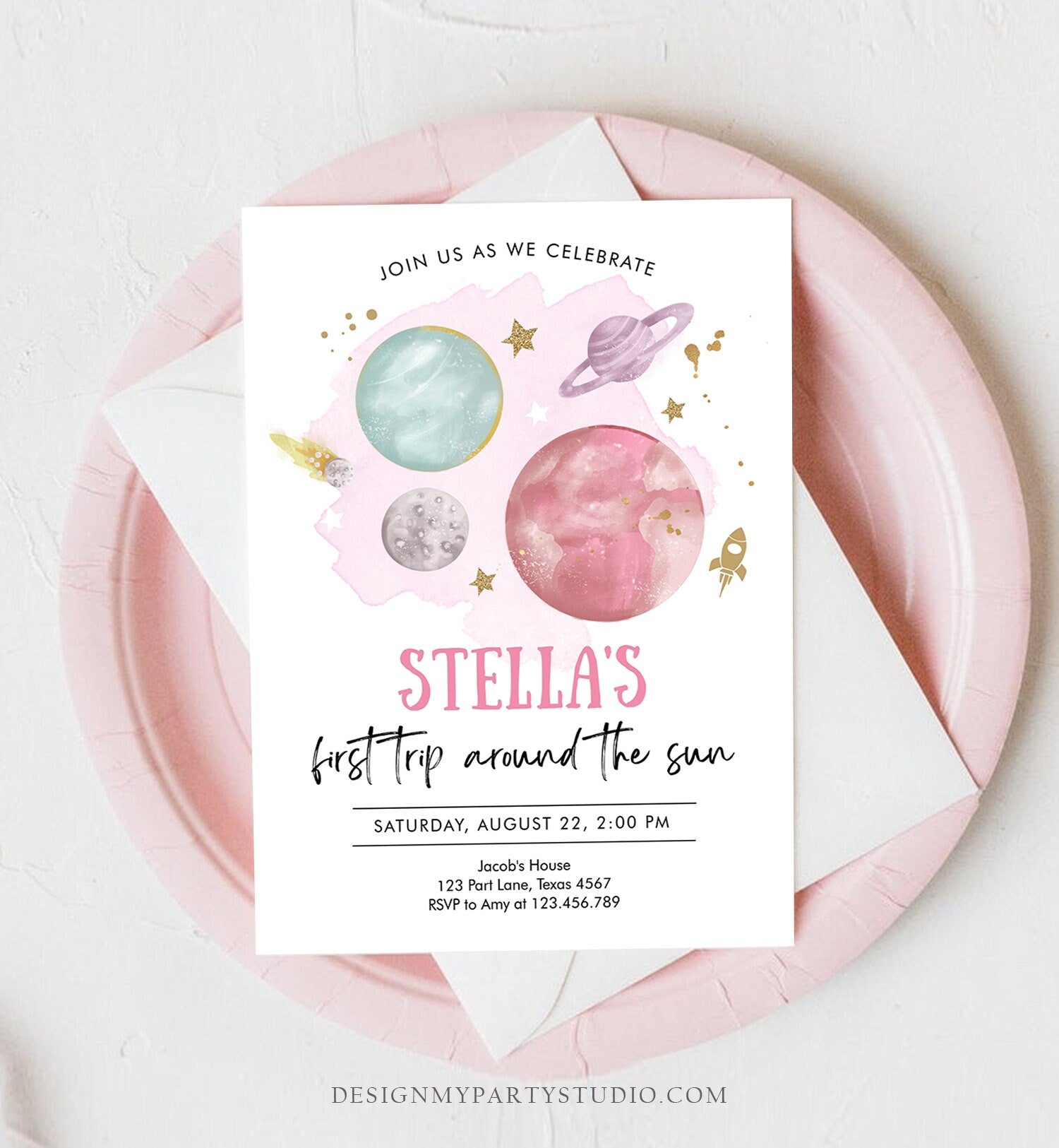 Editable Outer Space Girl First Birthday Invitation Galaxy Blast Off First Trip Around the Sun Pink Download Printable Template Corjl 0357