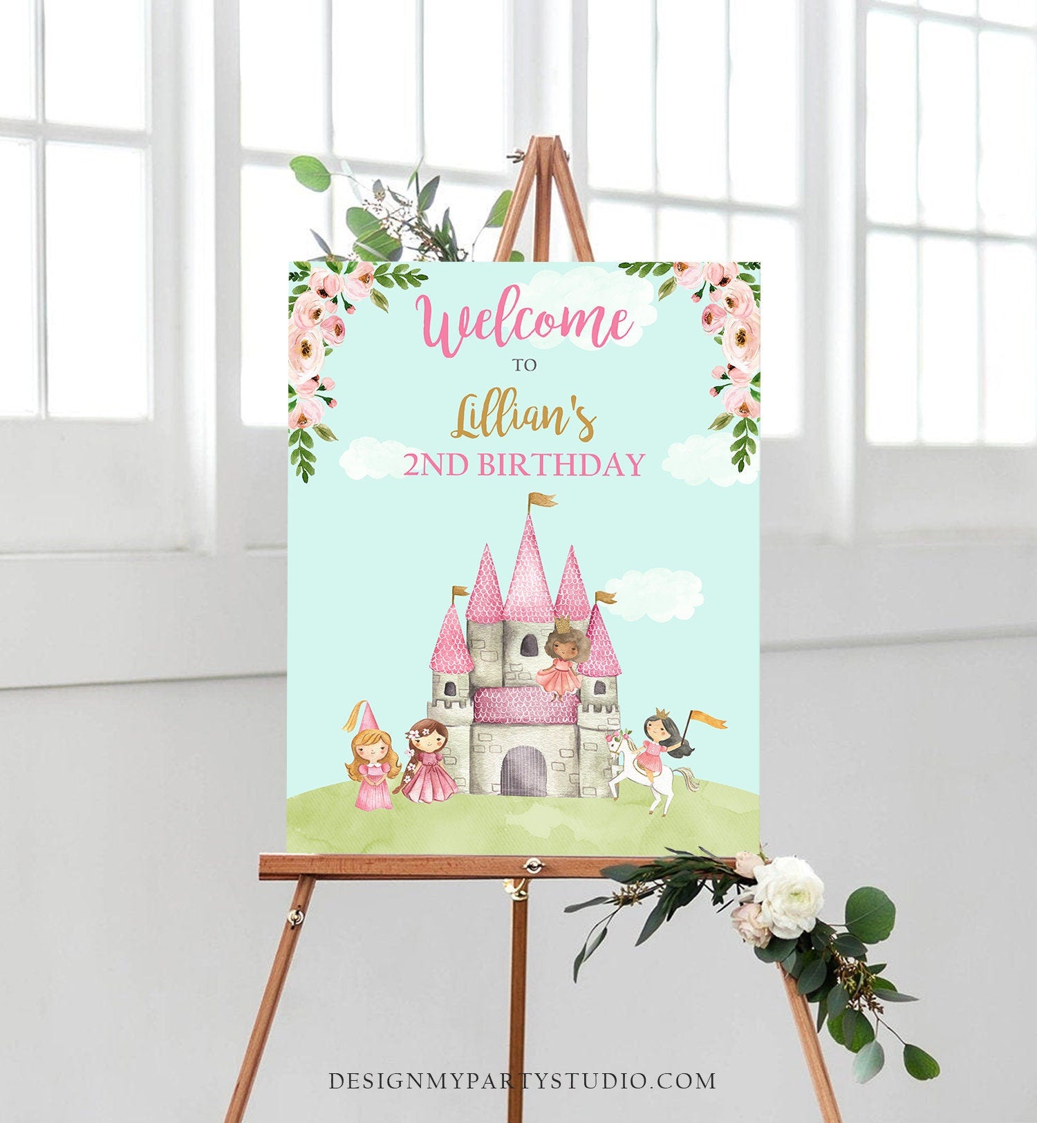 Editable Princess Birthday Welcome Sign Girl Princess Welcome Birthday Sign Royal Castle Pink Gold Girls Template Corjl PRINTABLE 0171