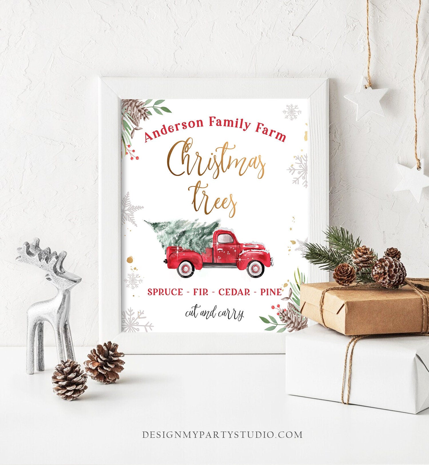 Editable Personalized Christmas Tree Farm Sign Farm Fresh Christmas Trees Home Decor Farmhouse Tree Red Truck Template PRINTABLE Corjl 0356