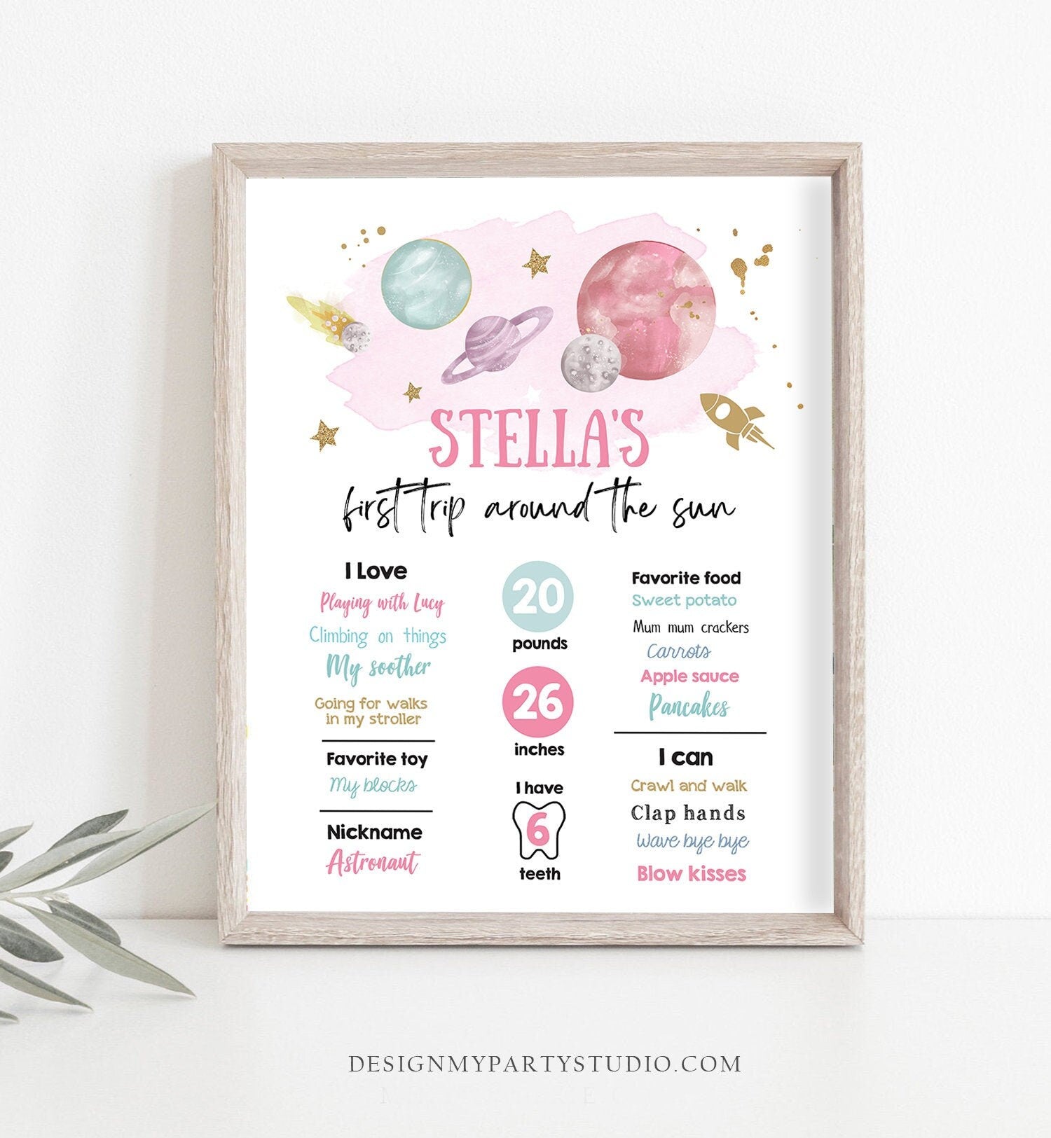 Editable Outer Space Birthday Milestone Sign First Trip Around the Sun Girl 1st Birthday Space Galaxy Planet Digital Template Printable 0357