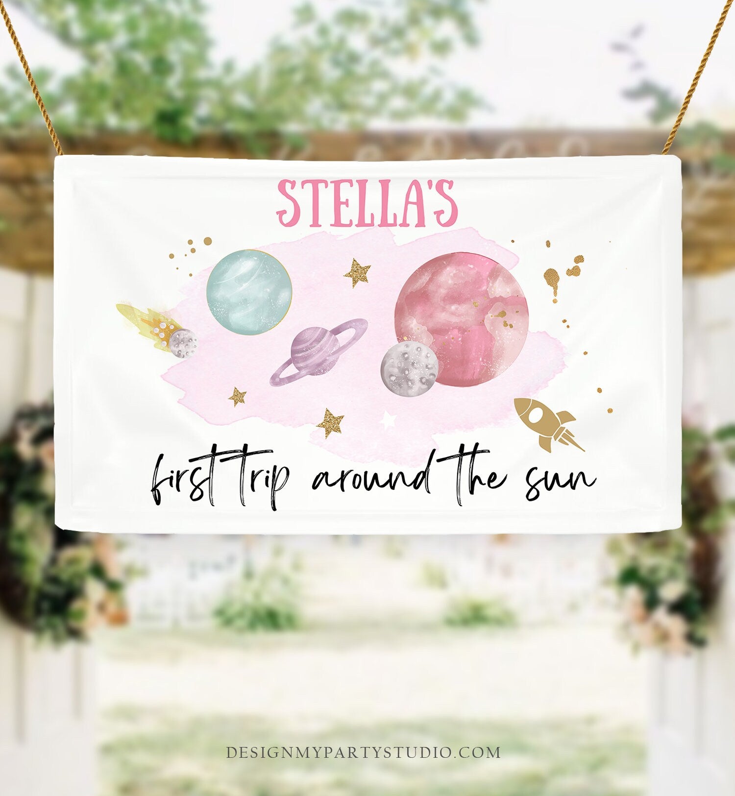 Editable Outer Space Backdrop Banner Space Birthday Girl First Trip Around the Sun Galaxy Planets Download Corjl Template Printable 0357