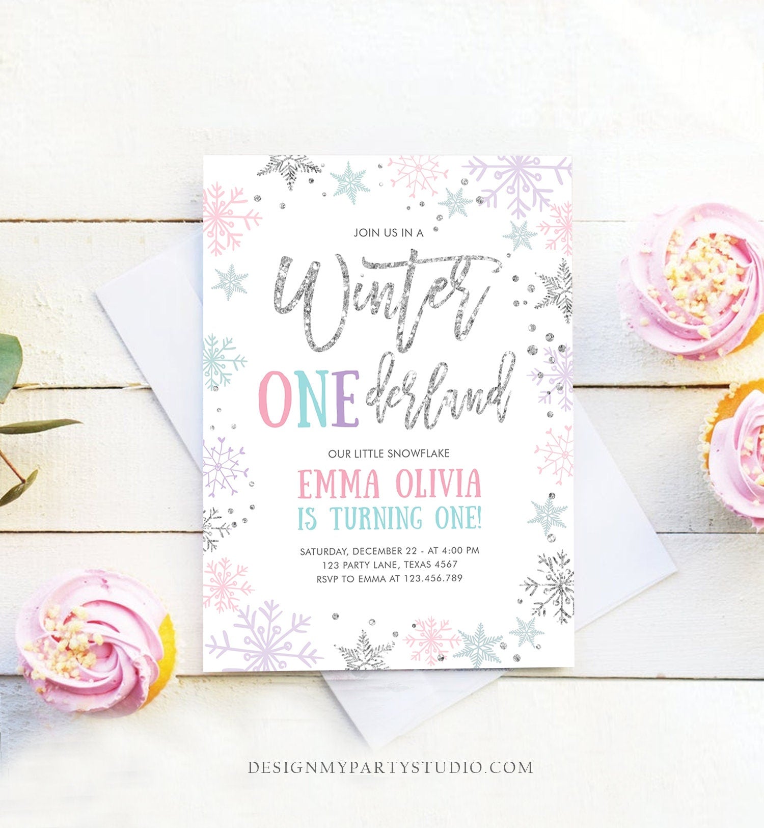 Editable Winter ONEderland Birthday Invitation First Birthday Snowflakes Pink Silver Purple Teal Ice Download Printable Template Corjl 0256