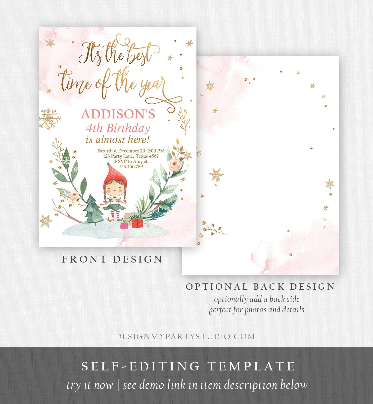 Editable Christmas Birthday Party Invitation Elf Birthday Invite Winter Best Time of The Year Girl Pink Gold Printable Template DIY 0353