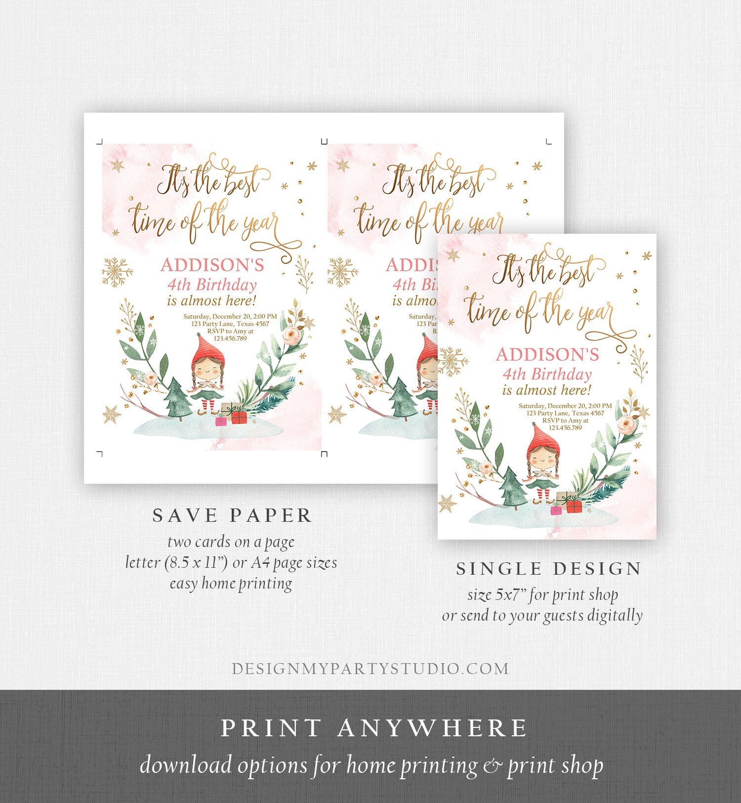 Editable Christmas Birthday Party Invitation Elf Birthday Invite Winter Best Time of The Year Girl Pink Gold Printable Template DIY 0353