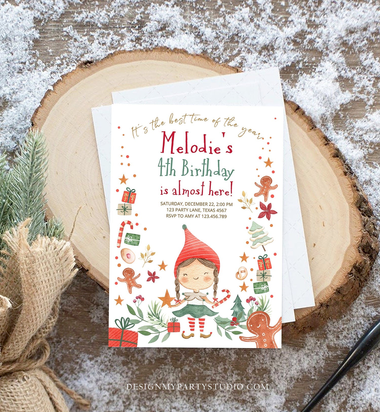 Editable Christmas Birthday Party Invitation Elf Birthday Invite Winter Best Time of The Year Girl Pink Gold Printable Template DIY 0358