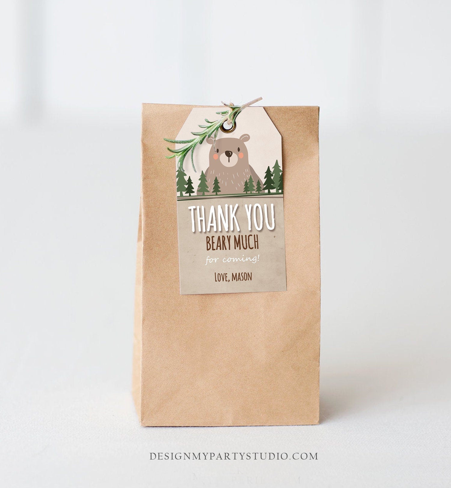 Editable Bear Favor Tags Thank you Beary much Little Cub Birthday Tag Label Baby shower Woodland Bear Woods Template PRINTABLE Corjl 0303