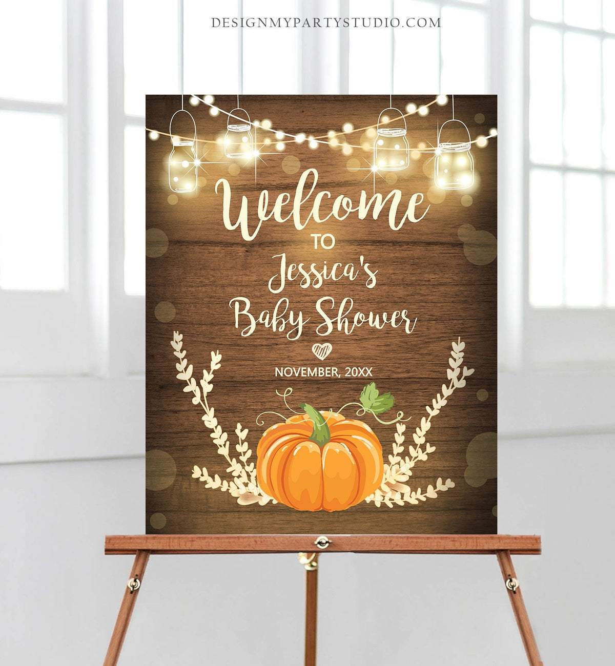 Editable Pumpkin Baby Shower Welcome Sign Rustic Wood Baby Shower Couples Shower Fall Autumn Pumpkin Party Halloween Corjl Template 0015