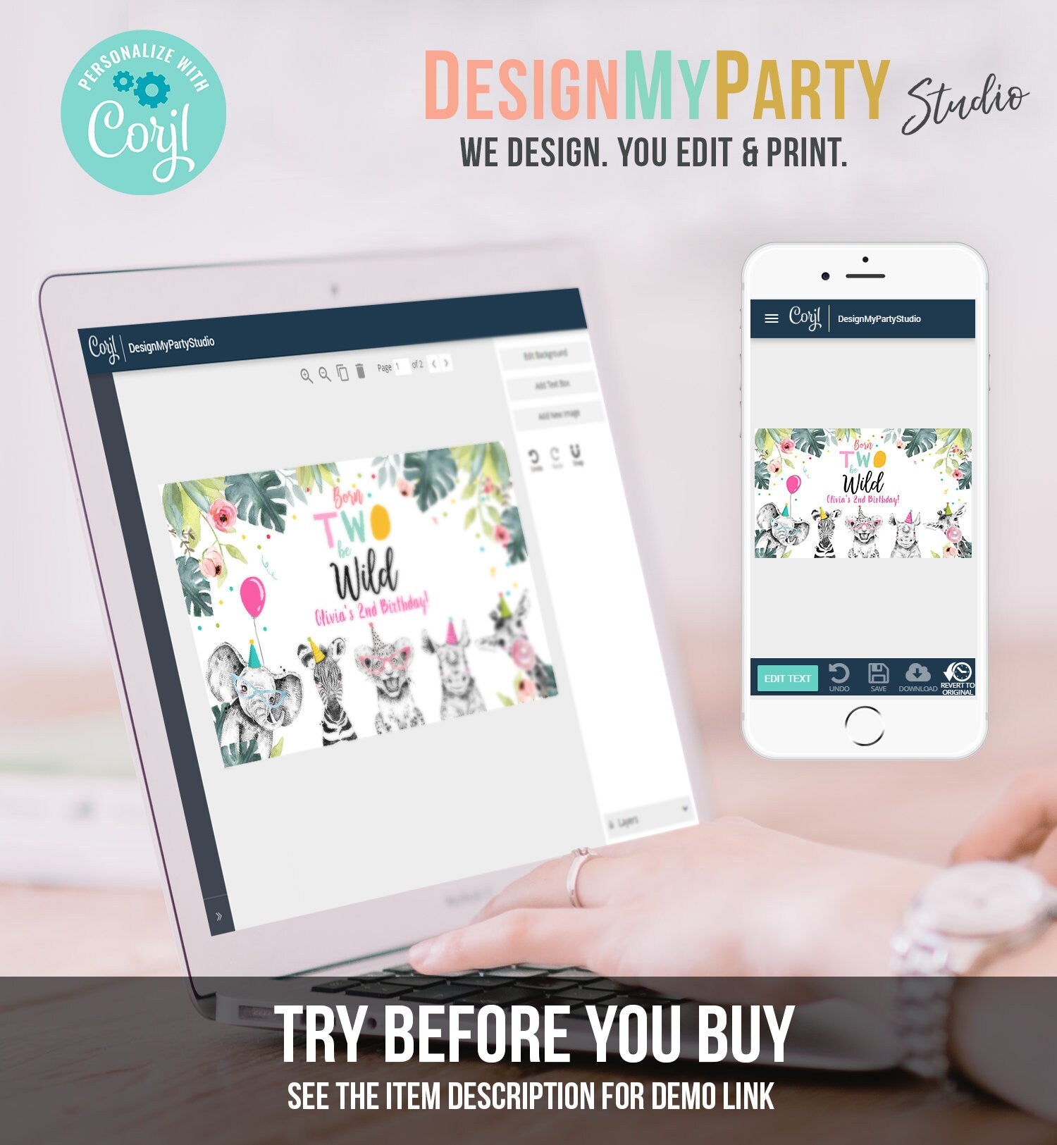 Editable Party Animals Birthday Backdrop Banner Safari Animals Girl Born Two Be Wild Welcome Sign Digital Download Template Printable 0322