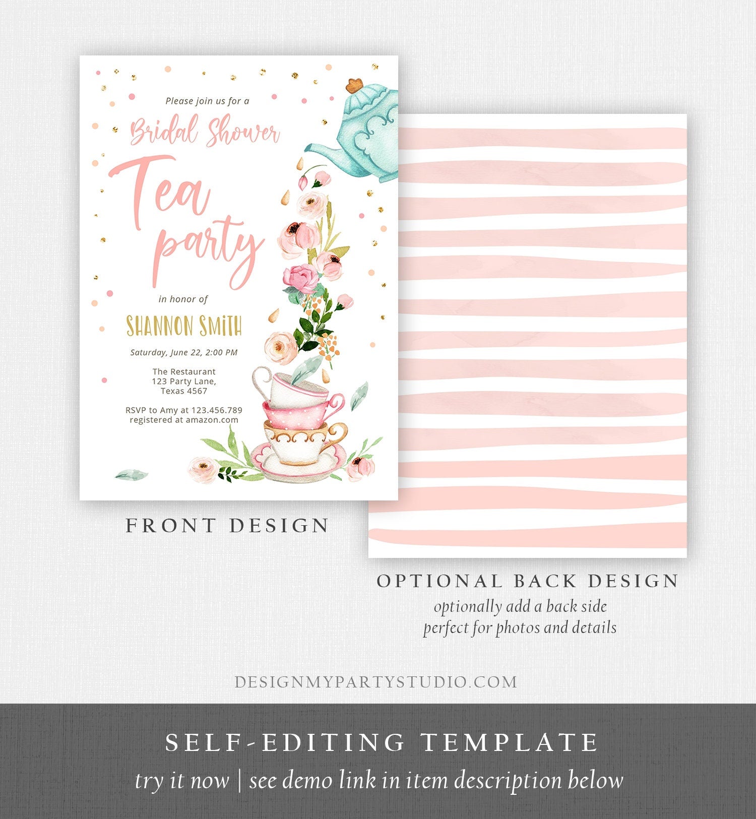 Editable Bridal Shower Tea Party Invitation Bridal Tea Shower Invite Pink Gold Floral Brunch Download Printable Template Corjl Digital 0349