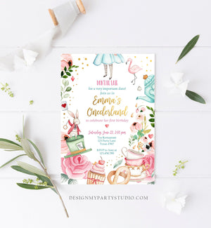 Editable Alice In Wonderland Birthday Invitation Girl First Birthday 1st Onederland Tea Party Pink Printable Template Corjl Digital 0350