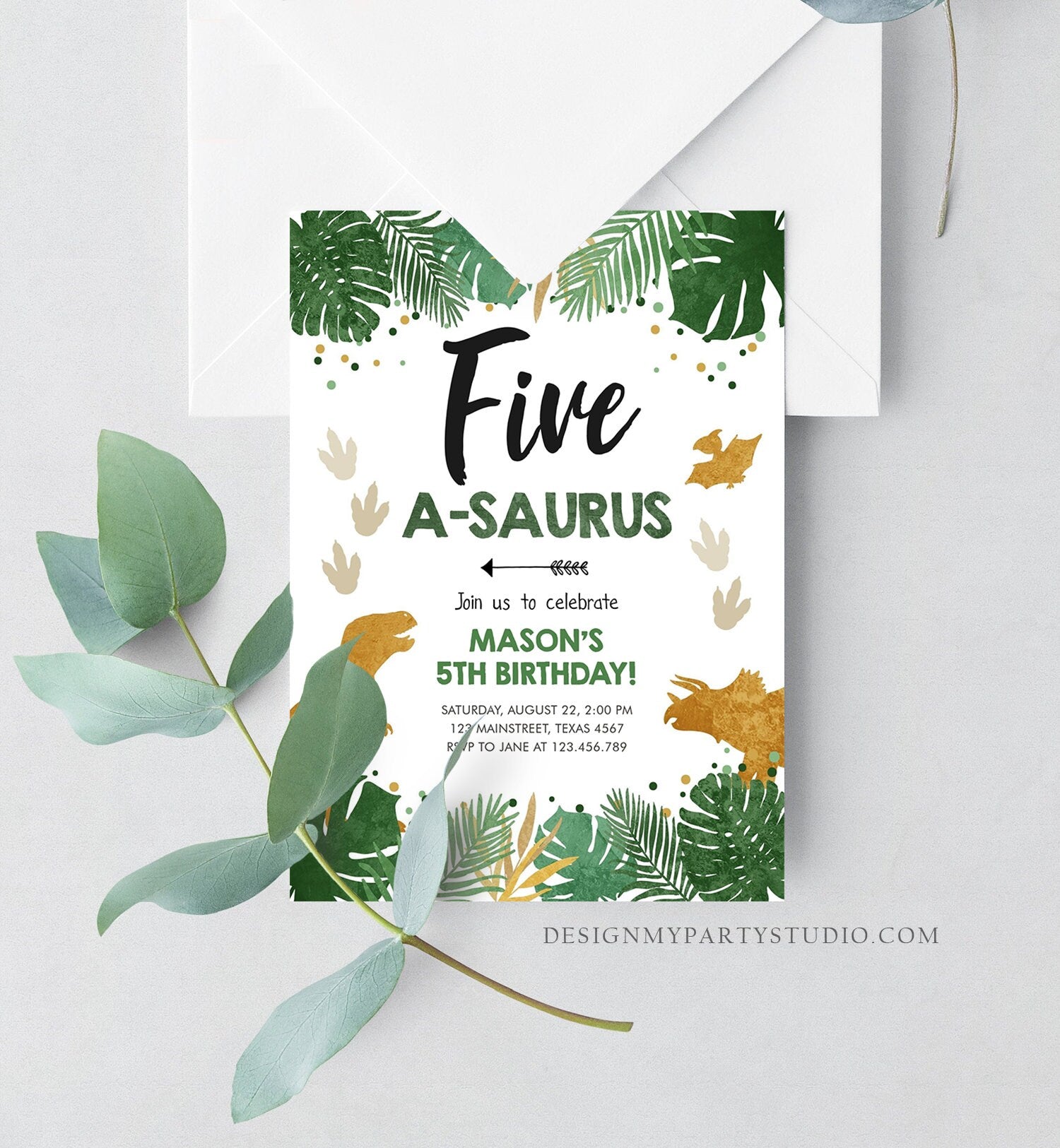 Editable Five-A-Saurus Birthday Invitation ANY AGE Dinosaur Dino Party Boy 5th Fifth Birthday Green Gold Corjl Template Printable 0146