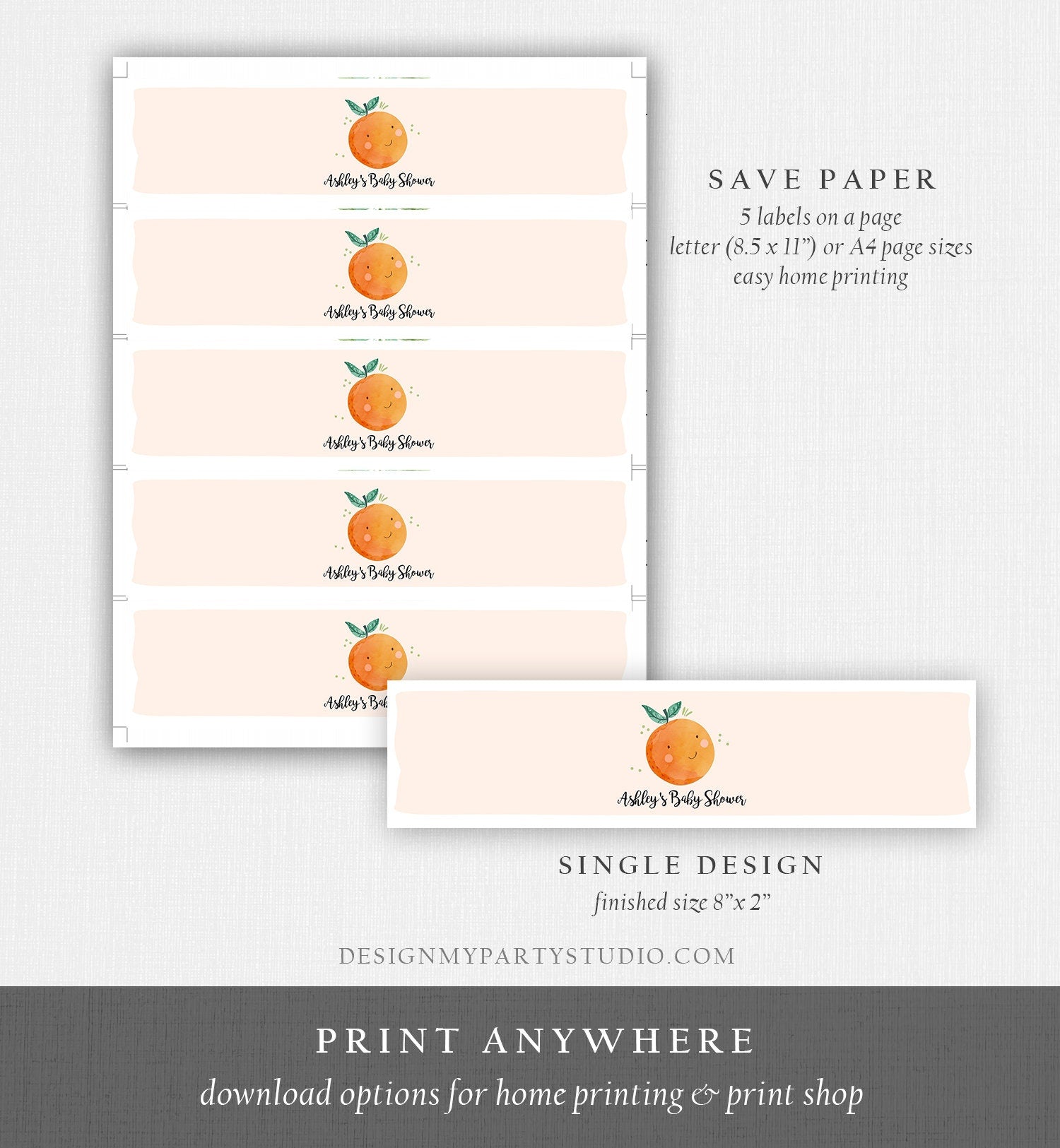 Editable A Little Cutie is on The Way Water Bottle Labels Gender Neutral Baby Shower Clementine Orange Printable Corjl Template 0330