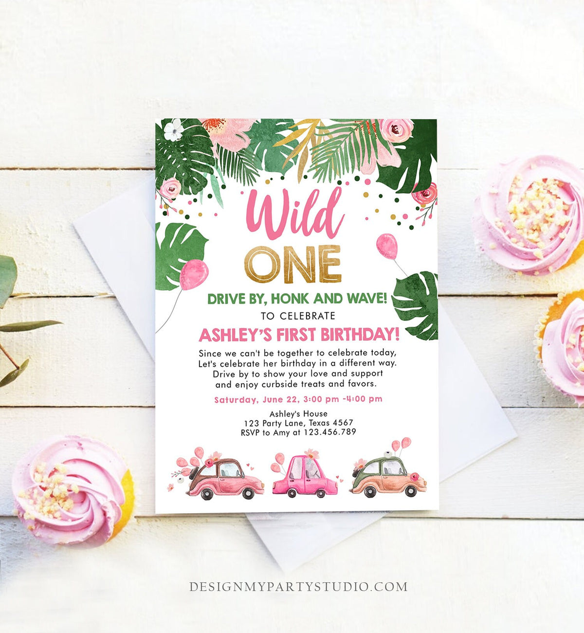 Editable Drive By Birthday Parade Invitation Wild One 1st Birthday Virtual Party Invite Honk Wave Car Girl Pink Safari Digital Corjl 0332