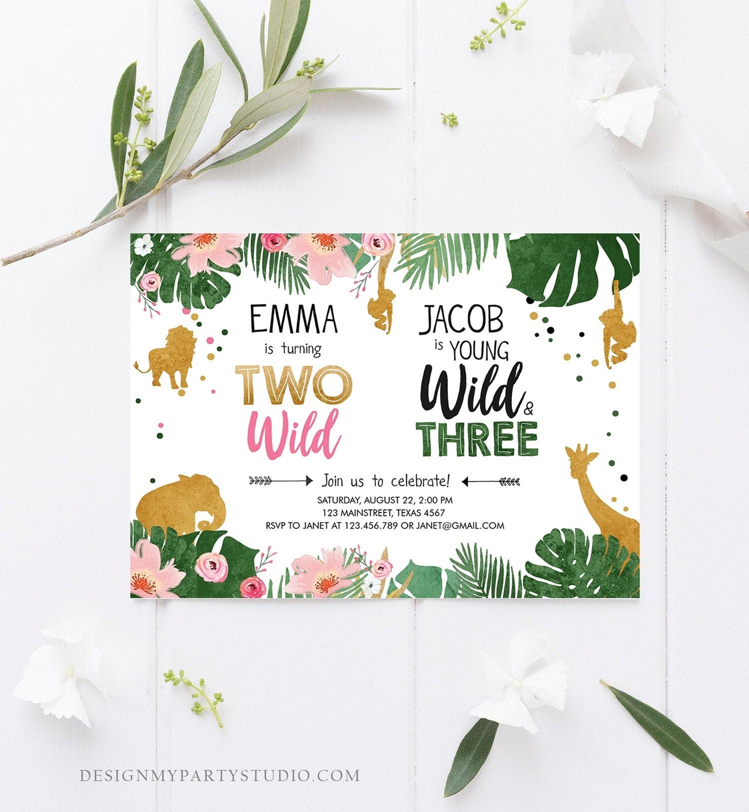 Editable Two Wild Birthday Invitation Wild and Three Boy Girl Safari Animals Jungle Gold Joint Dual Download Printable Corjl Template 0016