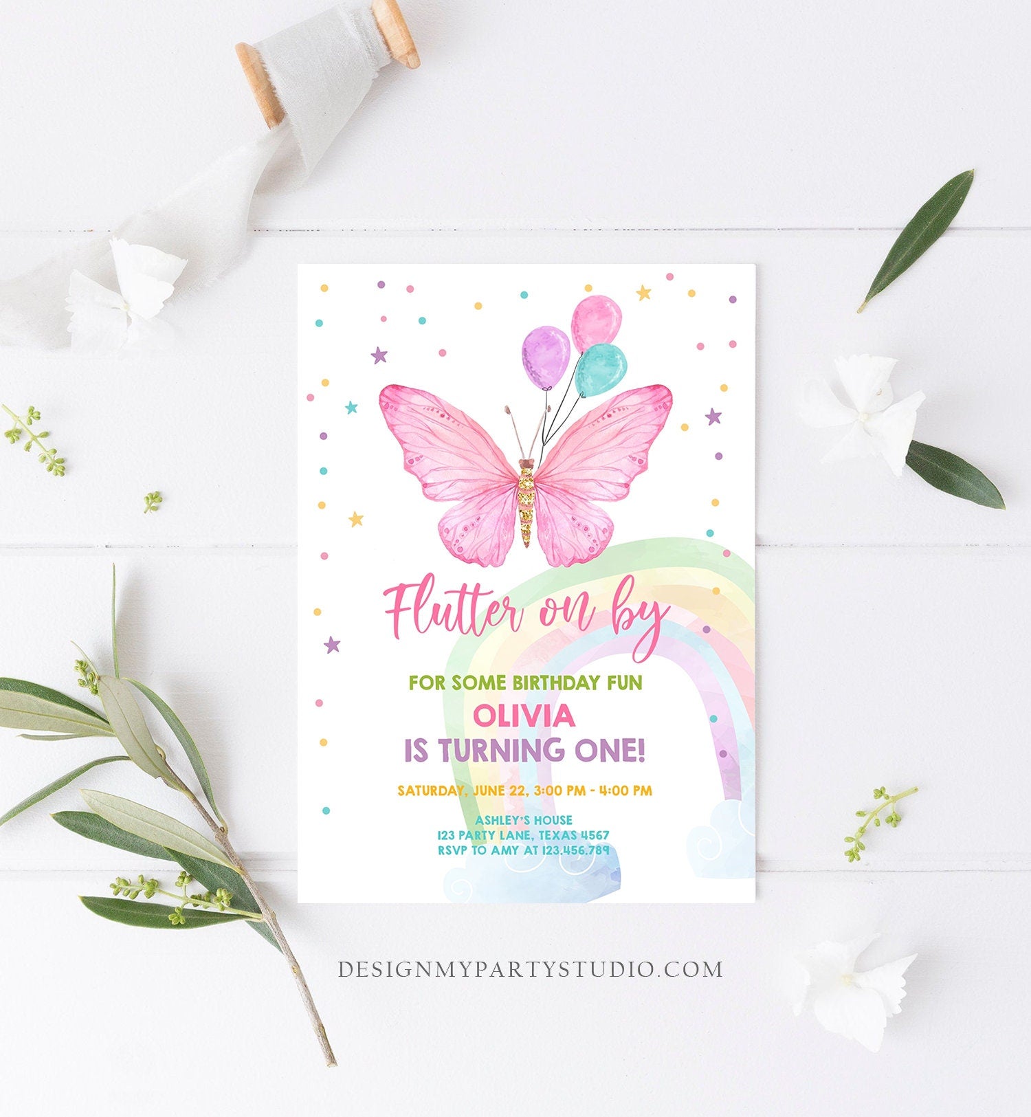 Editable Butterfly Birthday Invitation Butterfly Invitation Garden Floral Flowers Pink Gold Girl Download Printable Template Corjl 0162