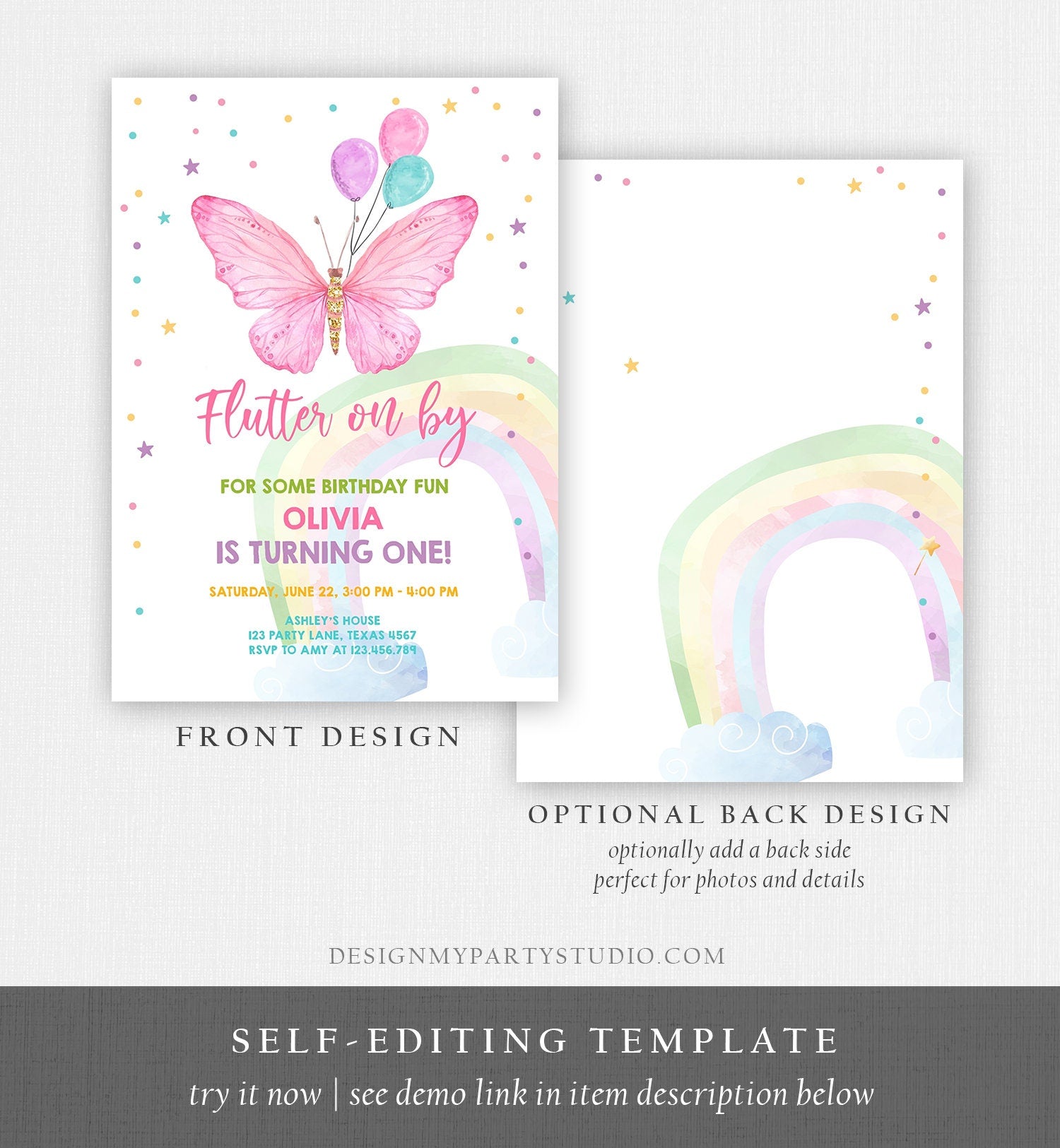 Editable Butterfly Birthday Invitation Butterfly Invitation Garden Floral Flowers Pink Gold Girl Download Printable Template Corjl 0162