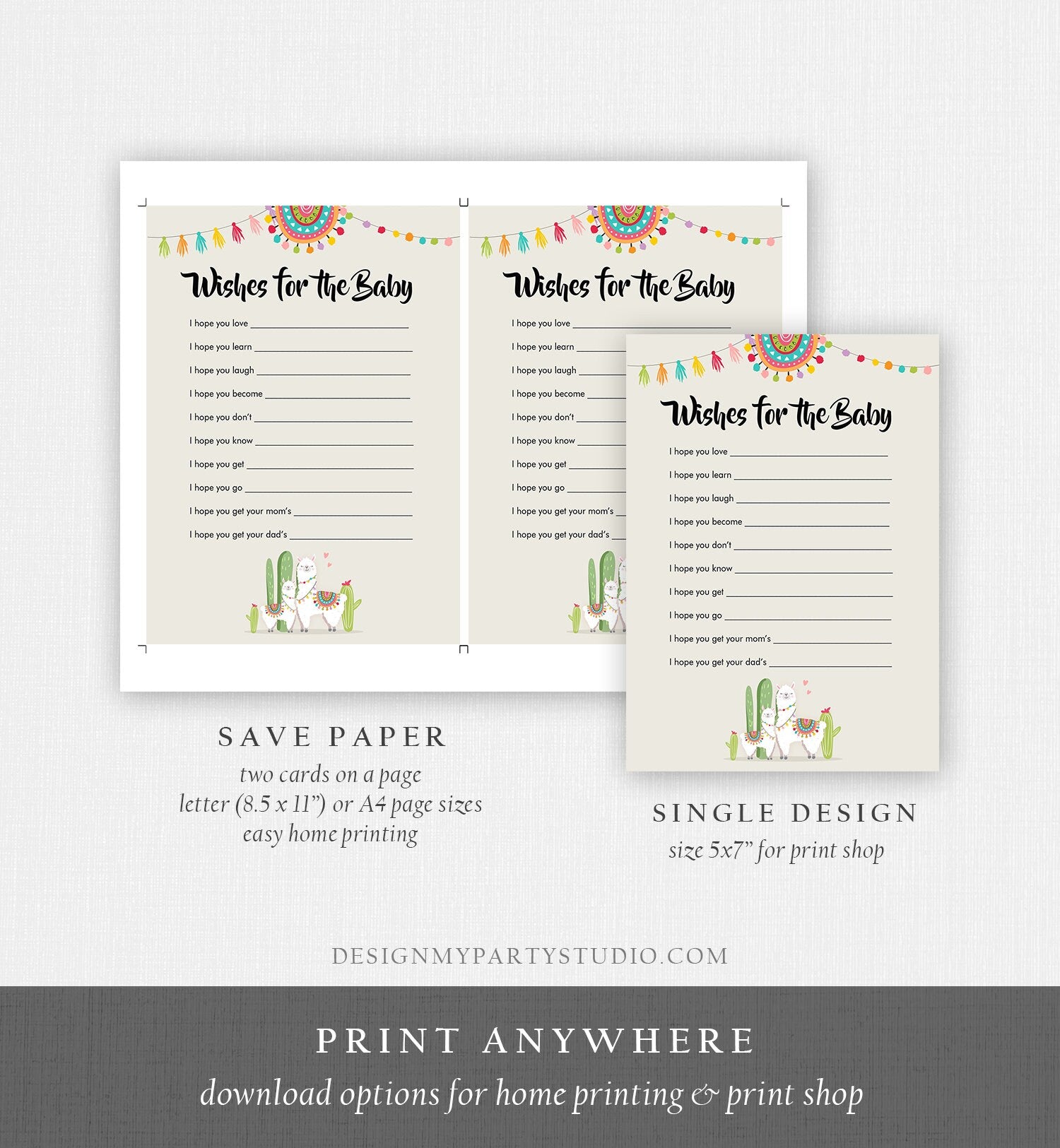 Editable Wishes for Baby Game Cards Llama Baby Shower Game Fiesta Cactus Mexican Couples Shower Neutral Digital Template Printable 0079