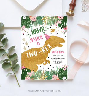 Editable Two-Rex Dinosaur Birthday Invitation Dino T-Rex Girl Second Birthday 2nd RAWR ROAR Pink Gold Prehistoric Corjl Template 0146