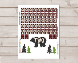 Lumberjack Cake Topper Second Birthday Lumberjack Party Name Two 2nd Banner Buffalo Plaid Bear Woodland Party Decor PRINTABLE Digital 0026