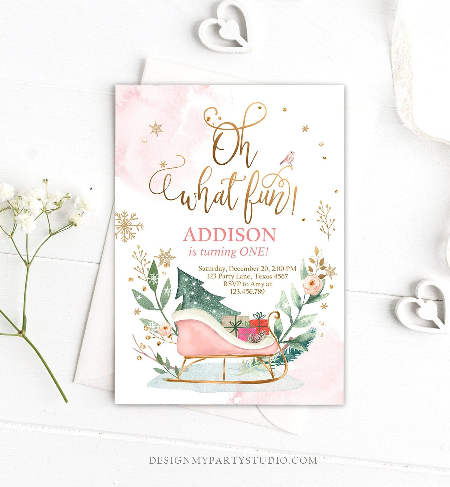 Editable Oh What Fun! Holiday 1st Winter Birthday Invitation Winter Christmas Party Sleigh Trees Girl Pink Gold Printable Template DIY 0353