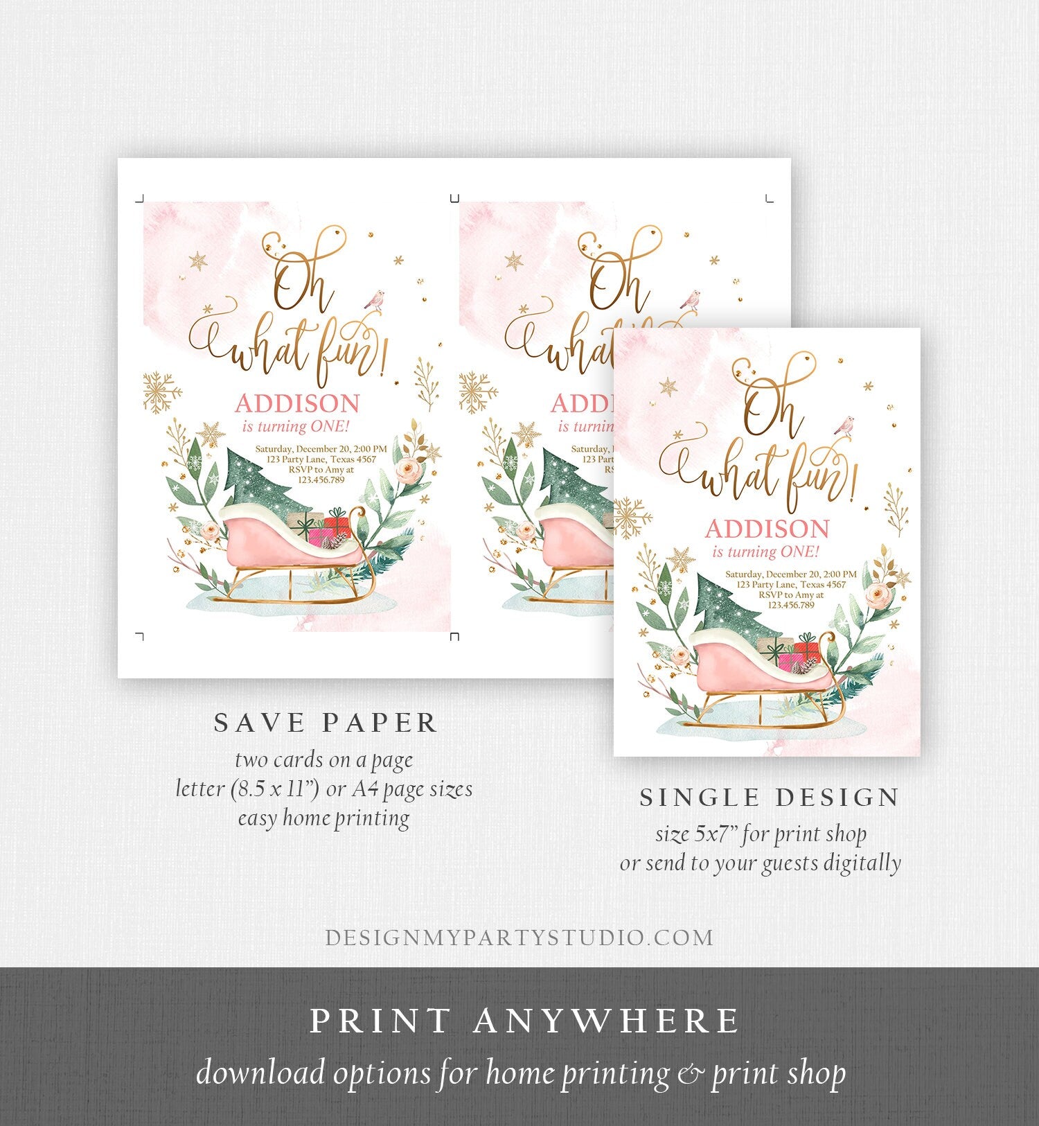 Editable Oh What Fun! Holiday 1st Winter Birthday Invitation Winter Christmas Party Sleigh Trees Girl Pink Gold Printable Template DIY 0353