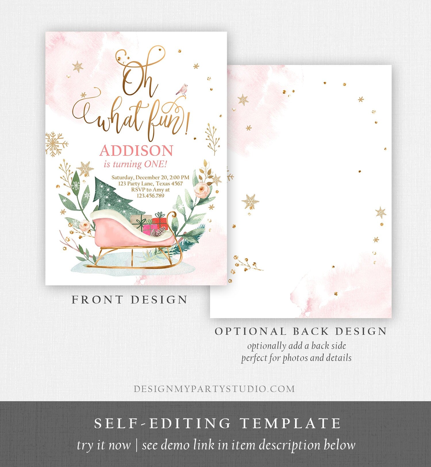 Editable Oh What Fun! Holiday 1st Winter Birthday Invitation Winter Christmas Party Sleigh Trees Girl Pink Gold Printable Template DIY 0353