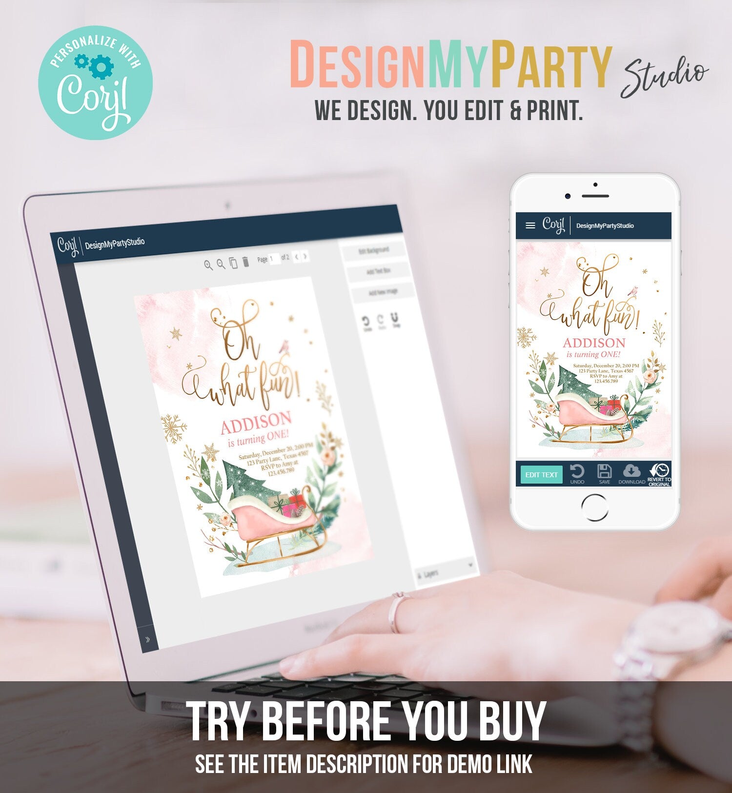 Editable Oh What Fun! Holiday 1st Winter Birthday Invitation Winter Christmas Party Sleigh Trees Girl Pink Gold Printable Template DIY 0353