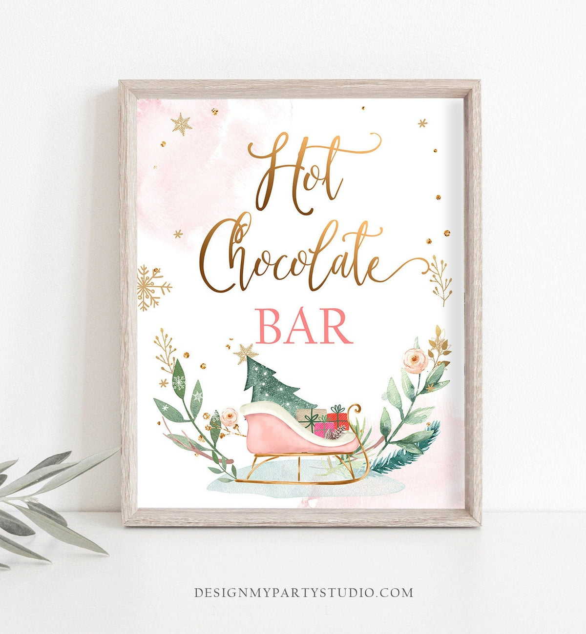 Hot Chocolate Bar Sign Hot Cocoa Bar Printable Table Sign Sleigh Birthday Winter Onederland Party Decor Pink Gold Digital Printable 0353