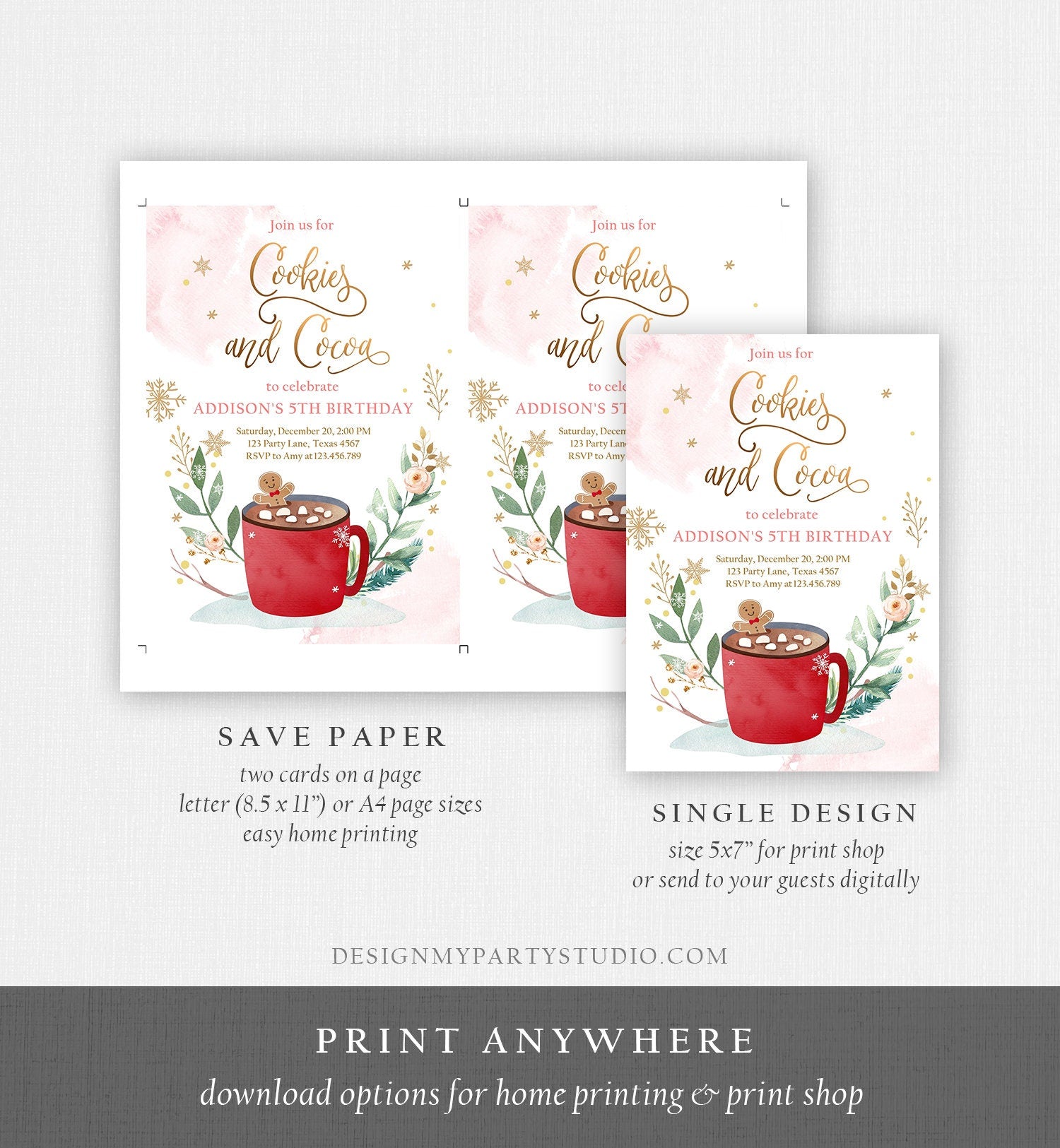 Editable Cookies and Cocoa Invitation Hot Cocoa Party Hot Chocolate Christmas Birthday Girl Pink Gold Download Printable Template Corjl 0353