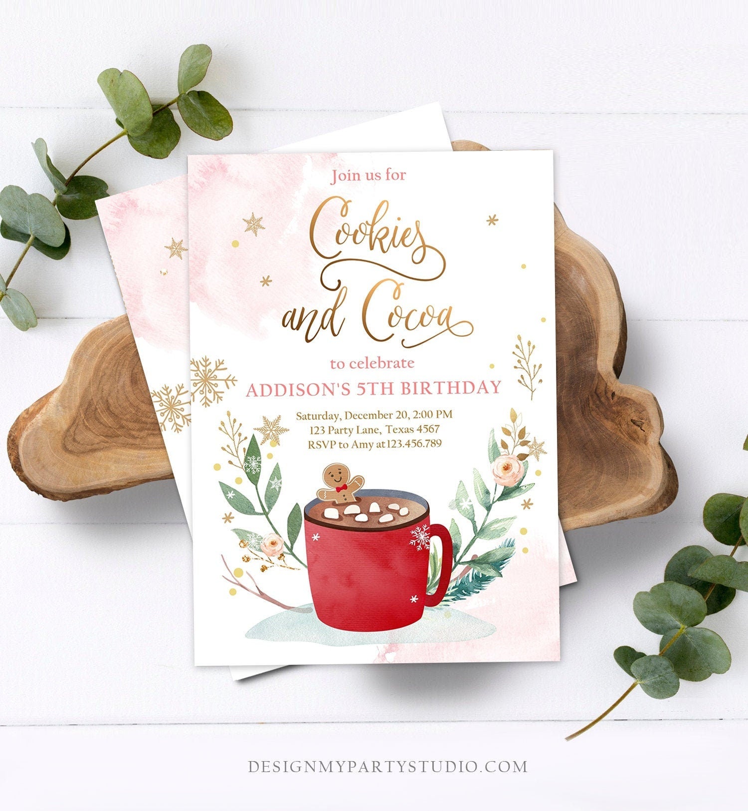 Editable Cookies and Cocoa Invitation Hot Cocoa Party Hot Chocolate Christmas Birthday Girl Pink Gold Download Printable Template Corjl 0353