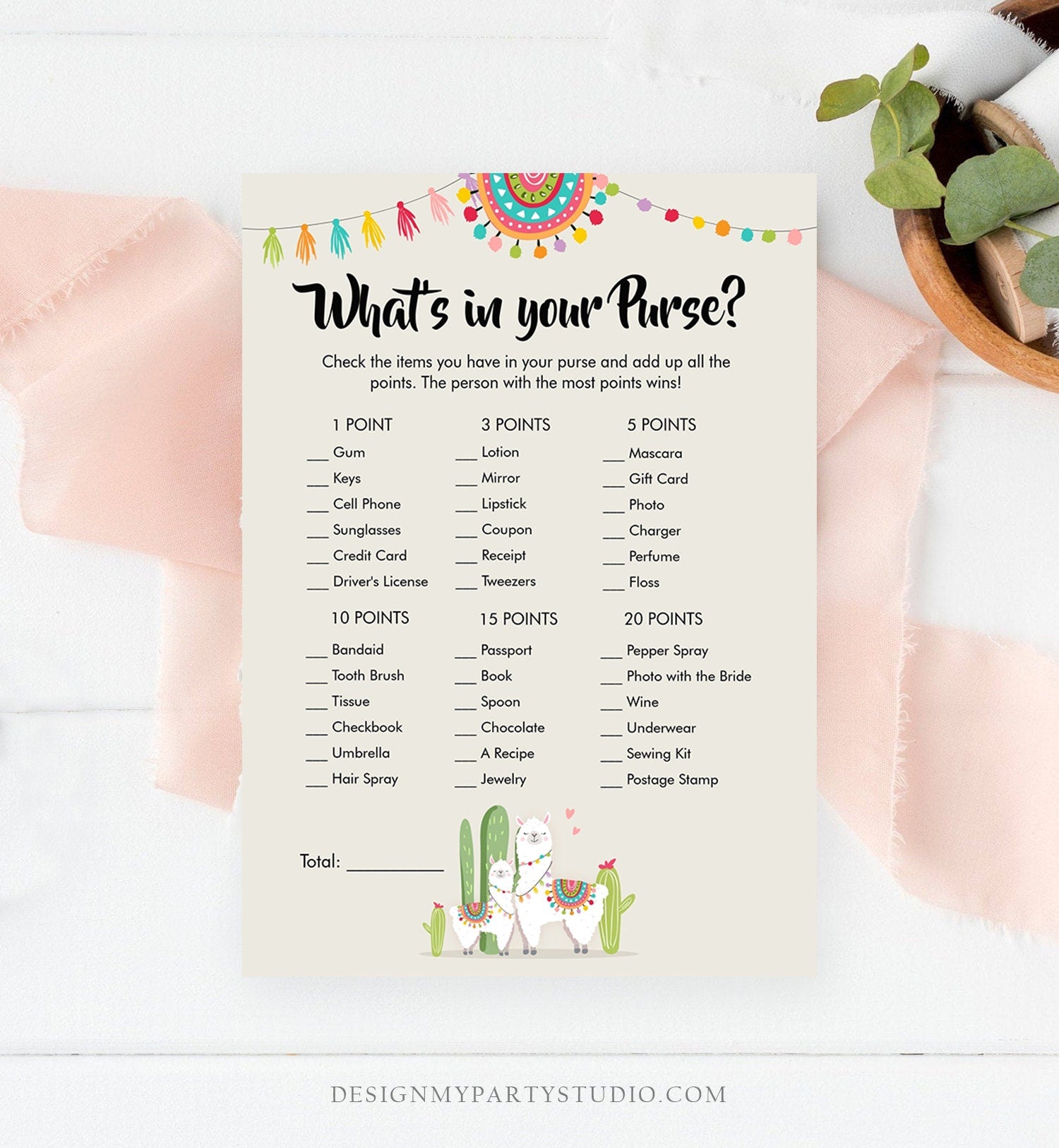 Editable Whats in Your Purse Baby Shower Game Llama Fiesta Mexican Coed Shower Llama Gender Neutral Activity Corjl Template Printable 0079