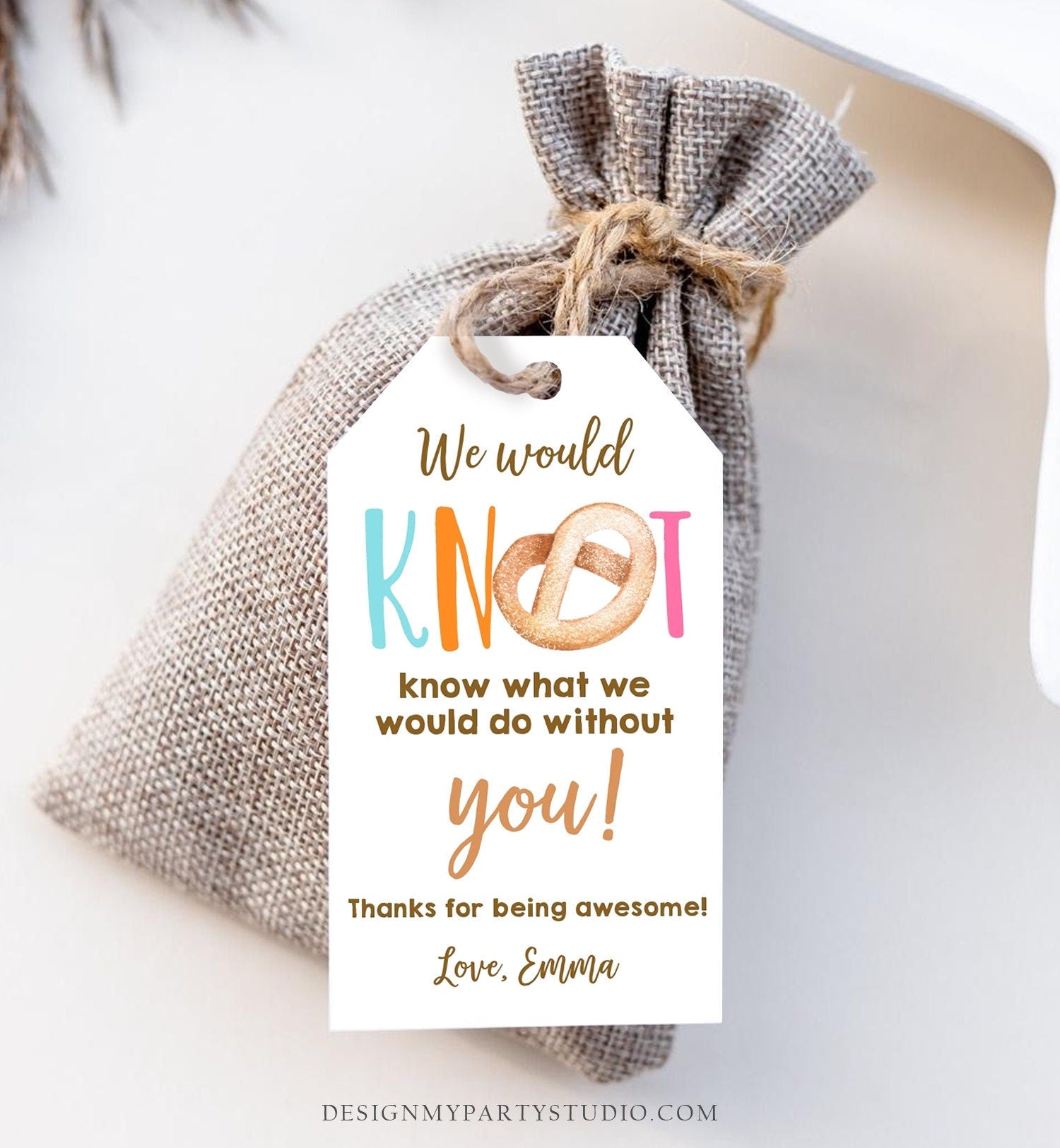 Editable Pretzel Knot Gift Tag Teacher Appreciation Tag Nurse Worker Employee Thank You Tag Christmas Download Printable Template Corjl 0464