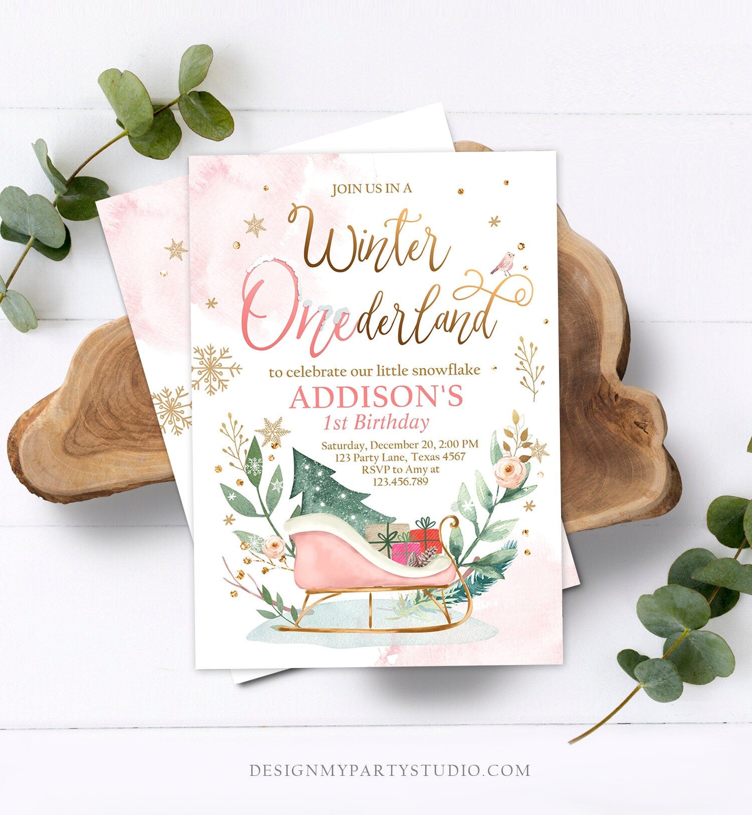 Editable Winter Onederland Invitation 1st Birthday Girl Blush Pink Gold Christmas Sleigh Little Snowflake Floral Printable Template DIY 0353