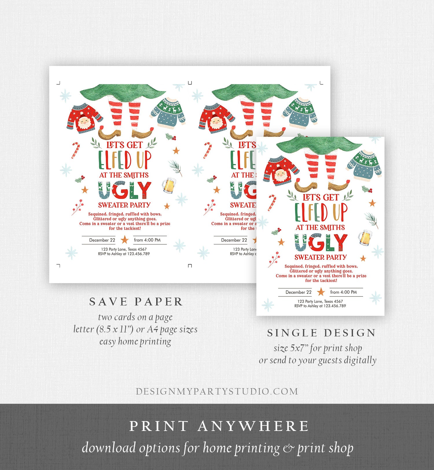 Editable Let's Get Elfed Up Christmas Party Invitation Framily Holiday Ugly Sweater Digital Evite Elf Corjl Template Printable 0354