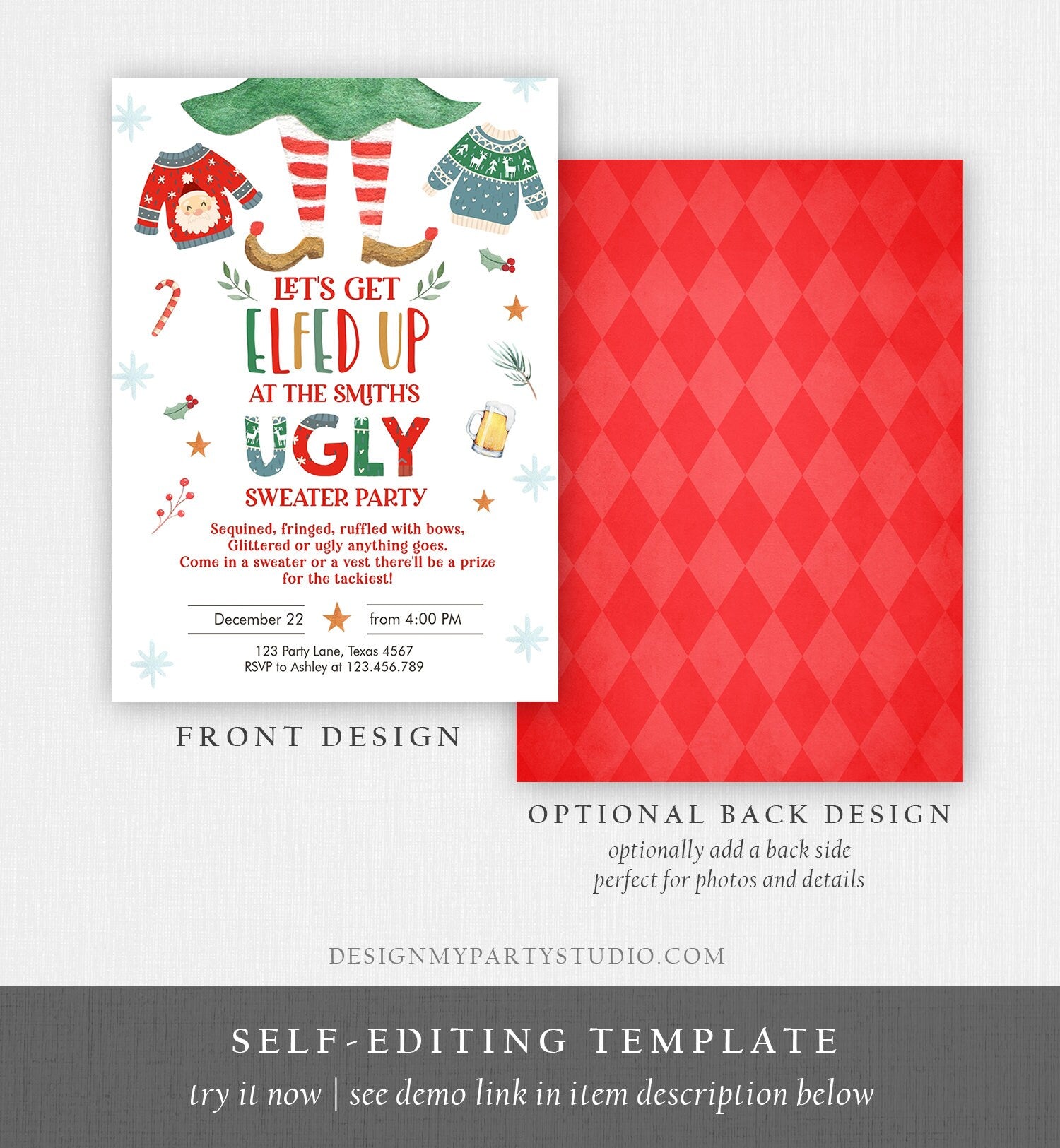 Editable Let's Get Elfed Up Christmas Party Invitation Framily Holiday Ugly Sweater Digital Evite Elf Corjl Template Printable 0354