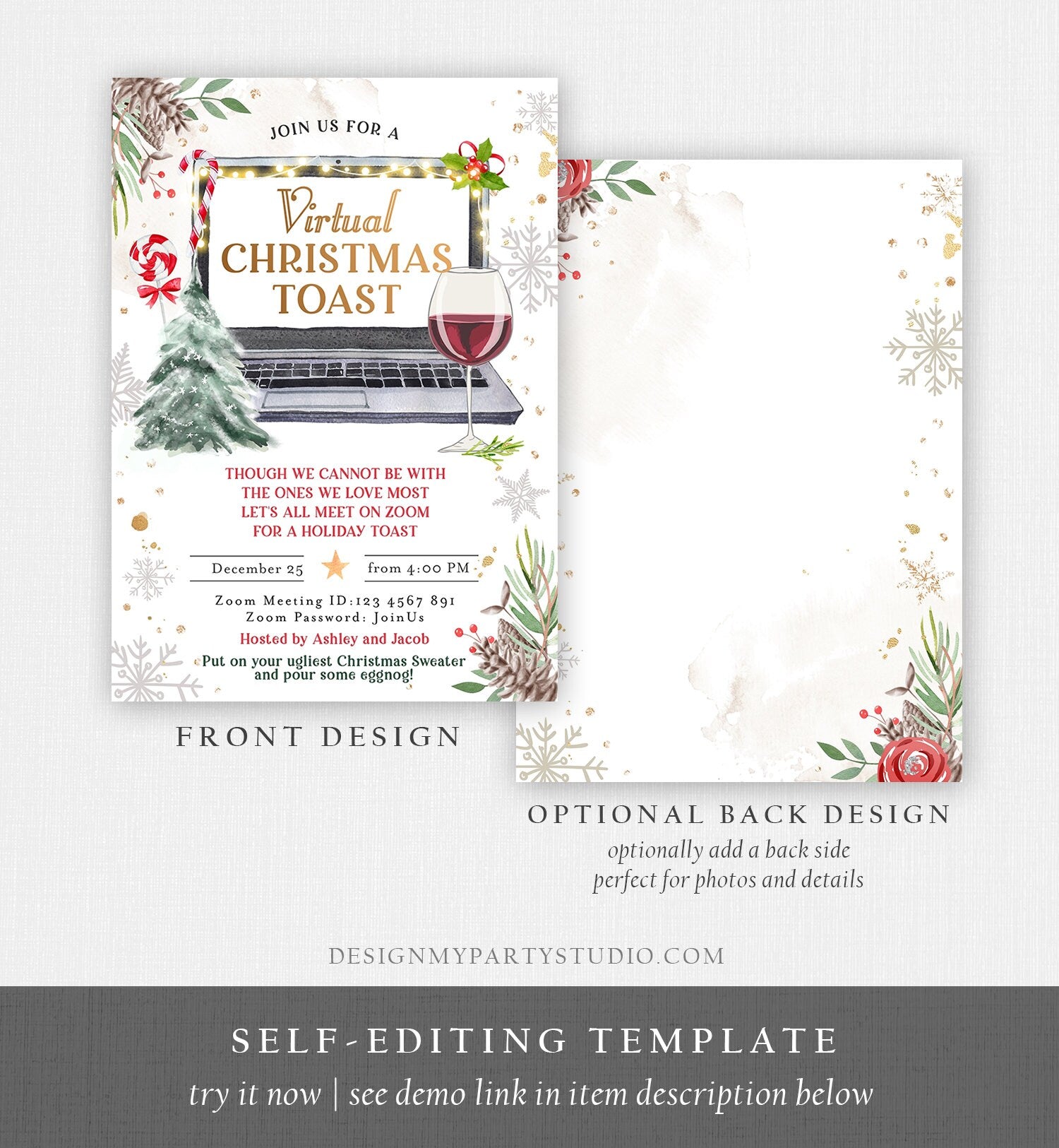 Editable Virtual Christmas Toast Invitation Christmas Party Zoom Invite Quarantine Social Distancing Laptop Printable Template Corjl 0356