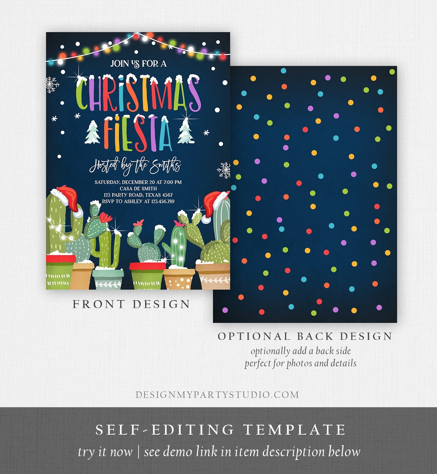 Editable Christmas Fiesta Invitation Cactus Mexican Holiday Feliz Navidad Xmas Party Santa Hat Invite Digital Printable Corjl Template 0273