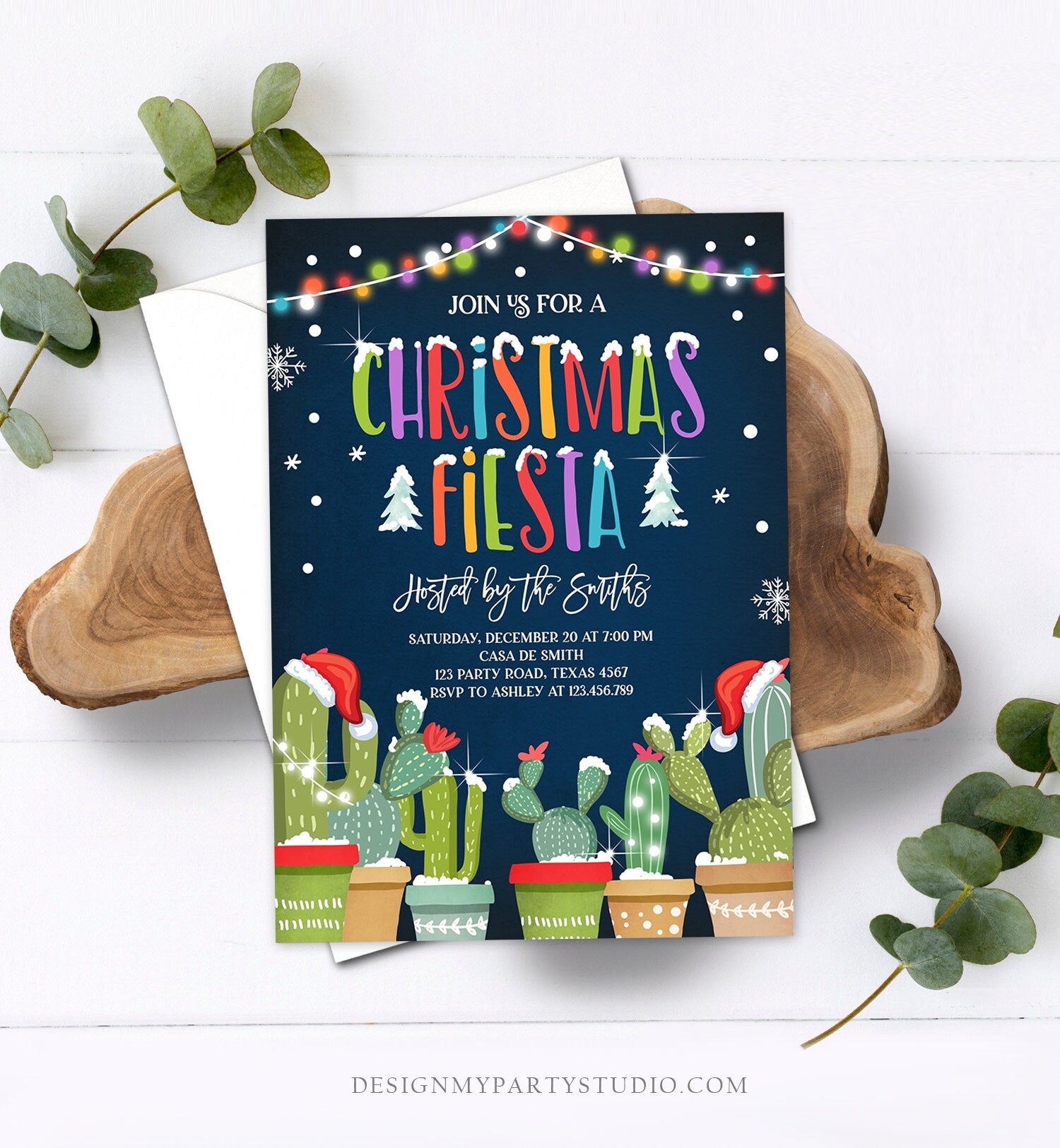 Editable Christmas Fiesta Invitation Cactus Mexican Holiday Feliz Navidad Xmas Party Santa Hat Invite Digital Printable Corjl Template 0273