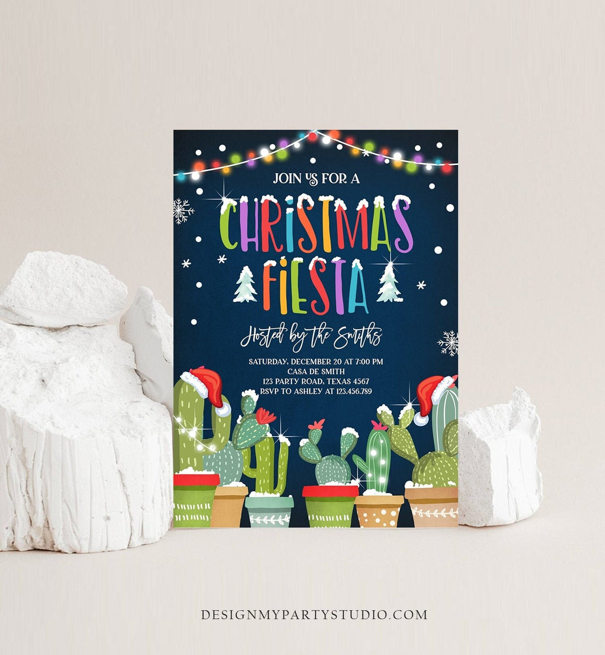 Editable Christmas Fiesta Invitation Cactus Mexican Holiday Feliz Navidad Xmas Party Santa Hat Invite Digital Printable Corjl Template 0273