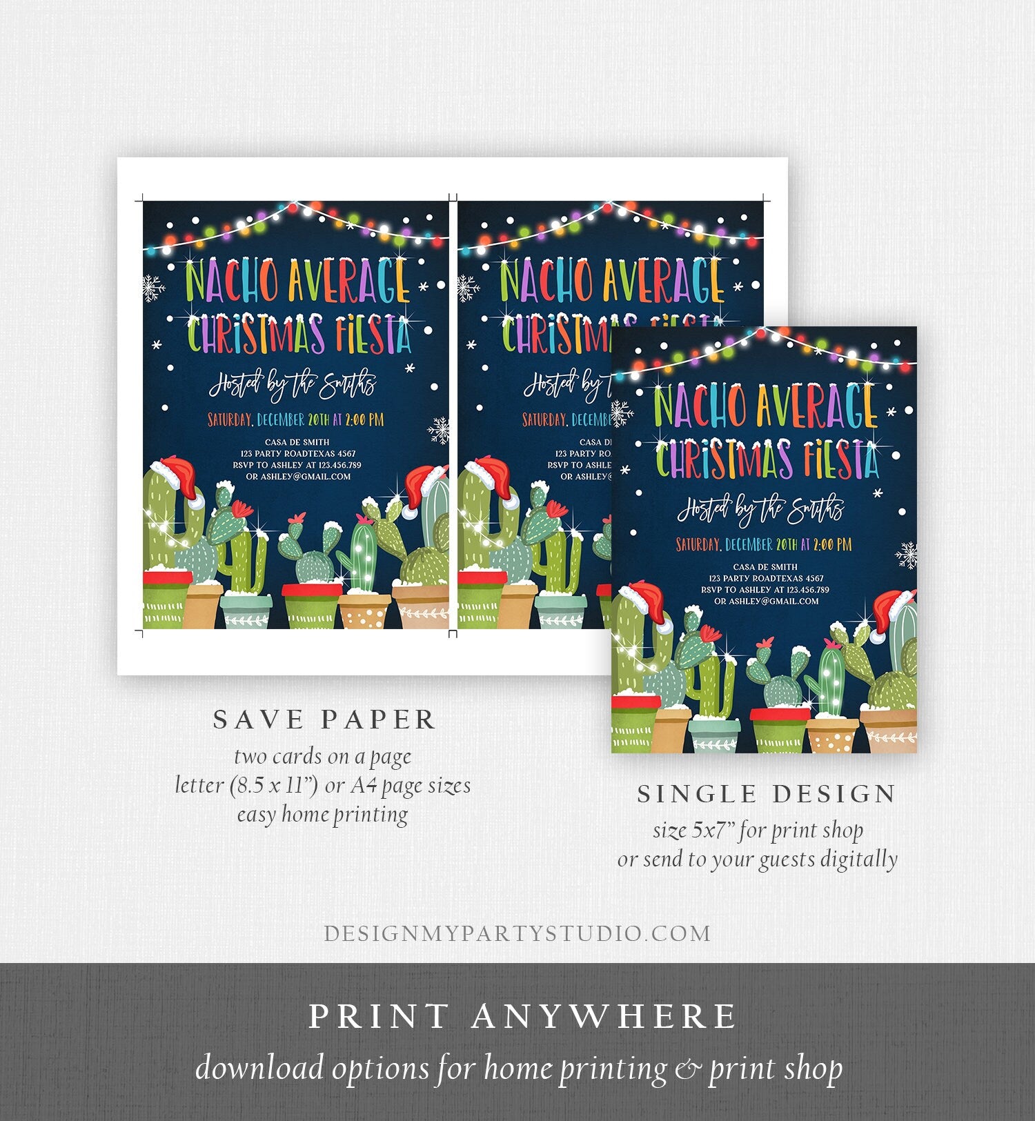 Editable Nacho Average Christmas Fiesta Invitation Cactus Mexican Holiday Feliz Navidad Invite Digital Printable Corjl Template 0273