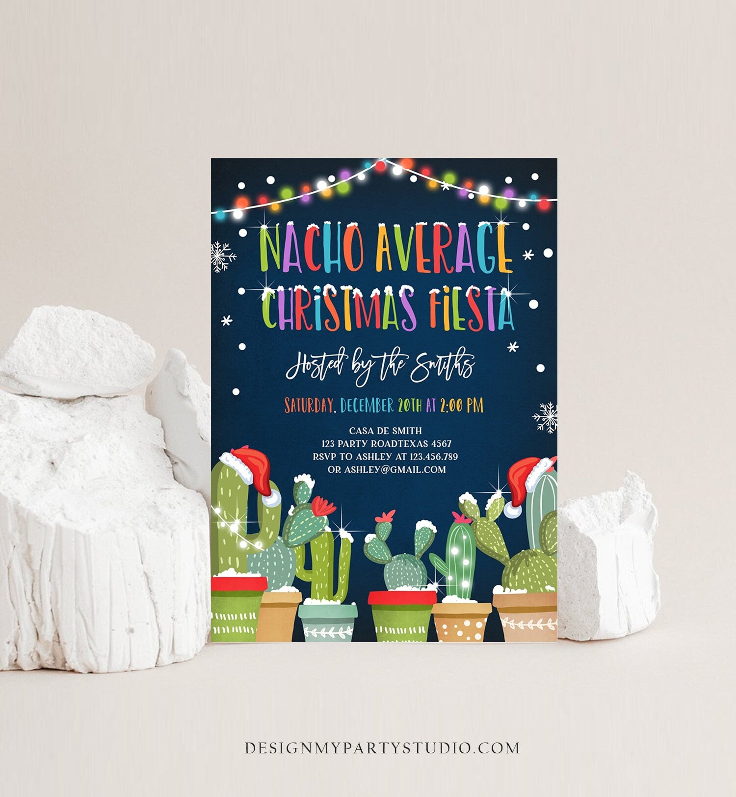 Editable Nacho Average Christmas Fiesta Invitation Cactus Mexican Holiday Feliz Navidad Invite Digital Printable Corjl Template 0273