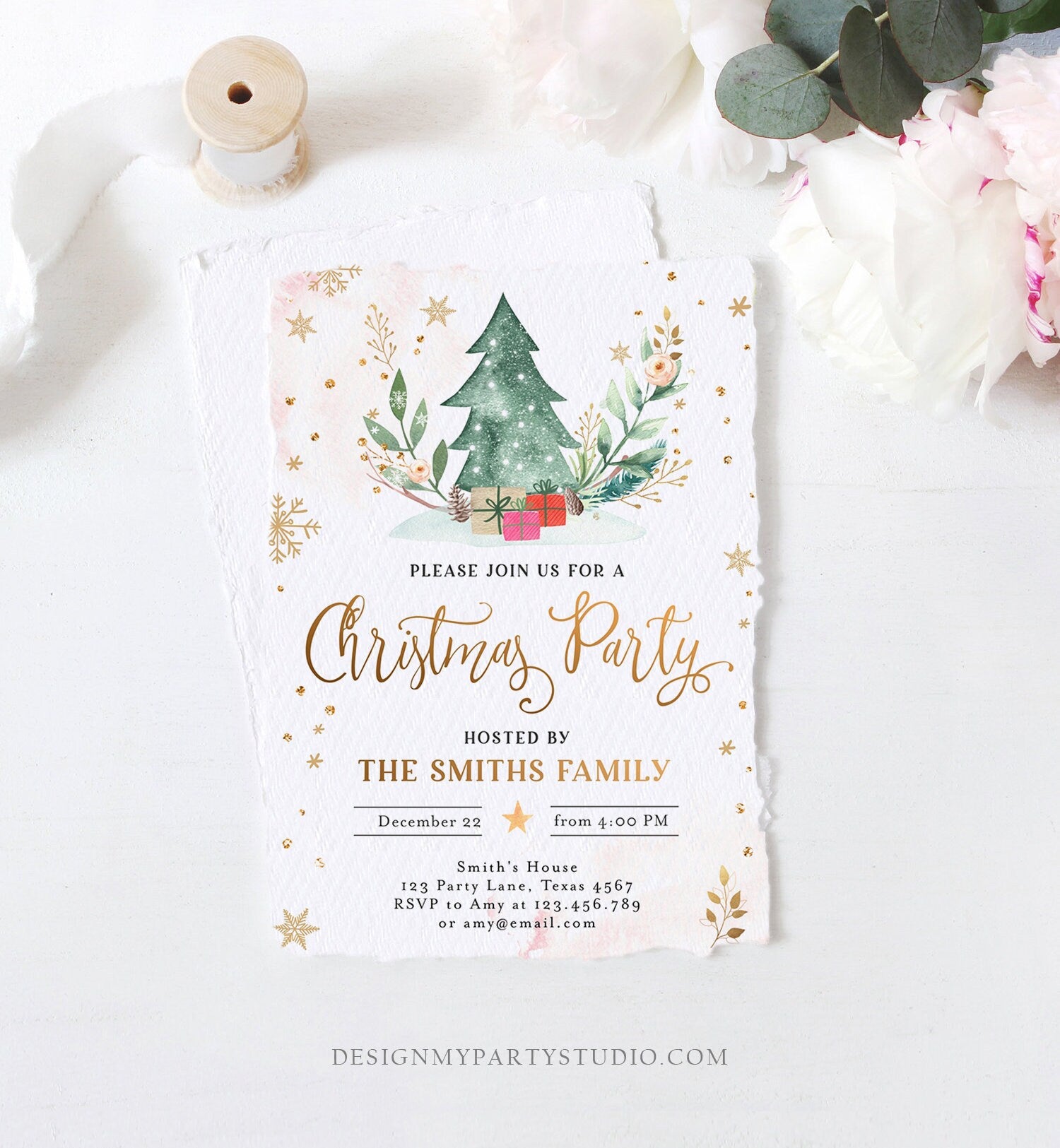 Editable Christmas Party Invitation Holiday Company It's Cold Outside Business Family Pink Gold Tree Corjl Template Download Printable 0353