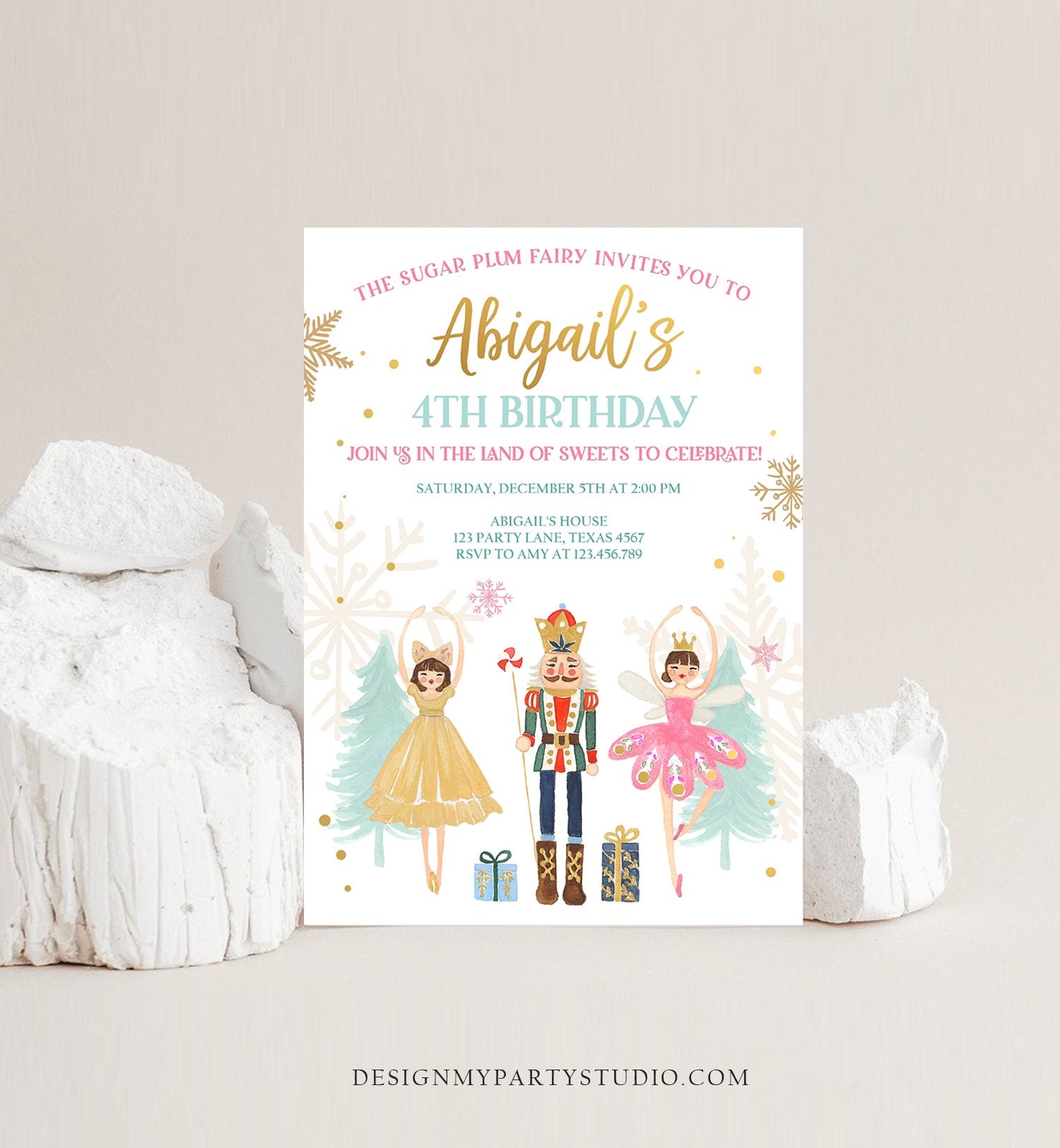 Editable Nutcracker Birthday Invitation Ballet Christmas Birthday Invite Pink Girl Sugar Plum Fairy Download Printable Template Corjl 0352