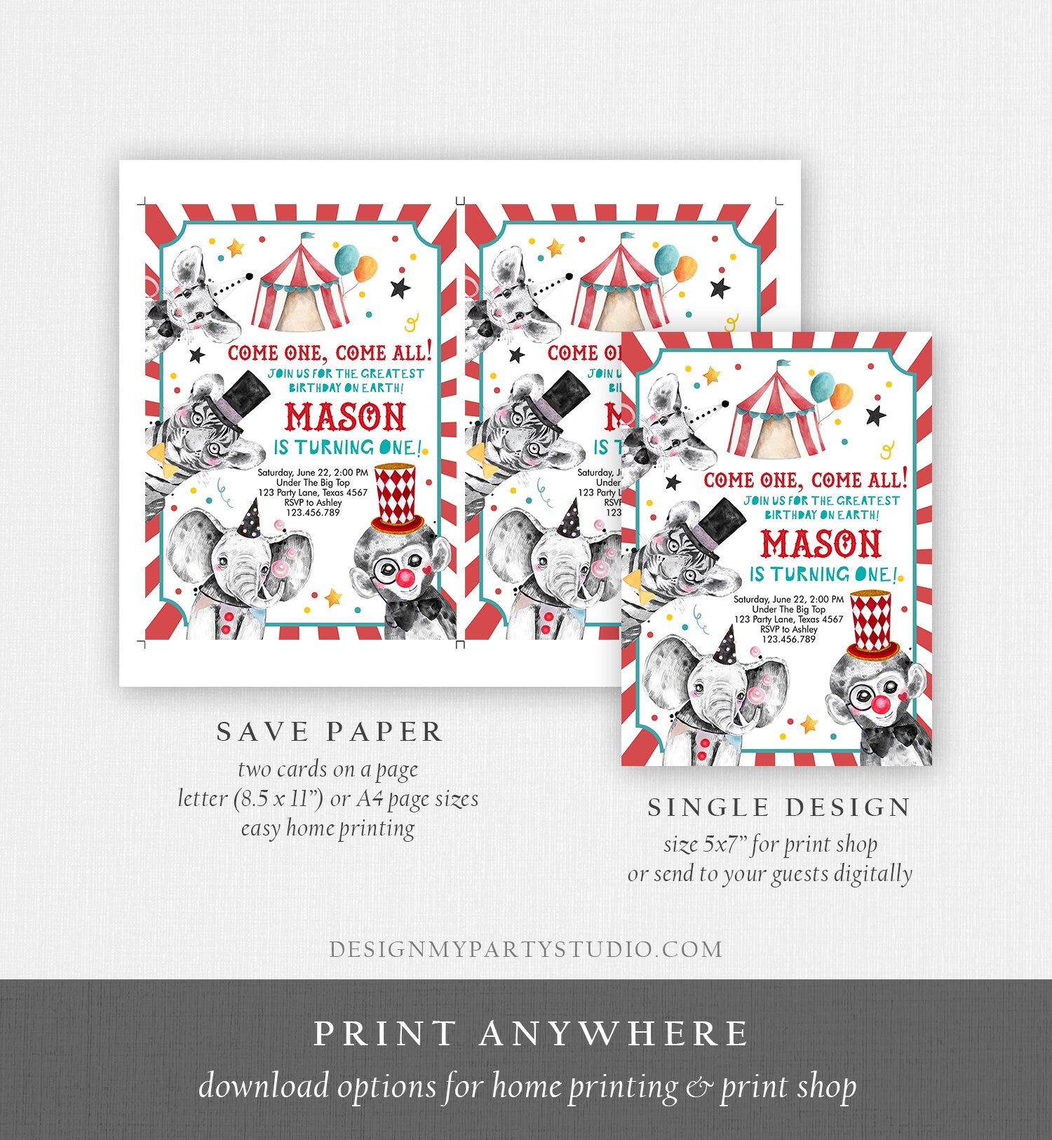 Editable Circus Birthday Invitation Party Animals Circus Invitation Carnival Invite Instant Download Printable Template Digital Corjl 0355