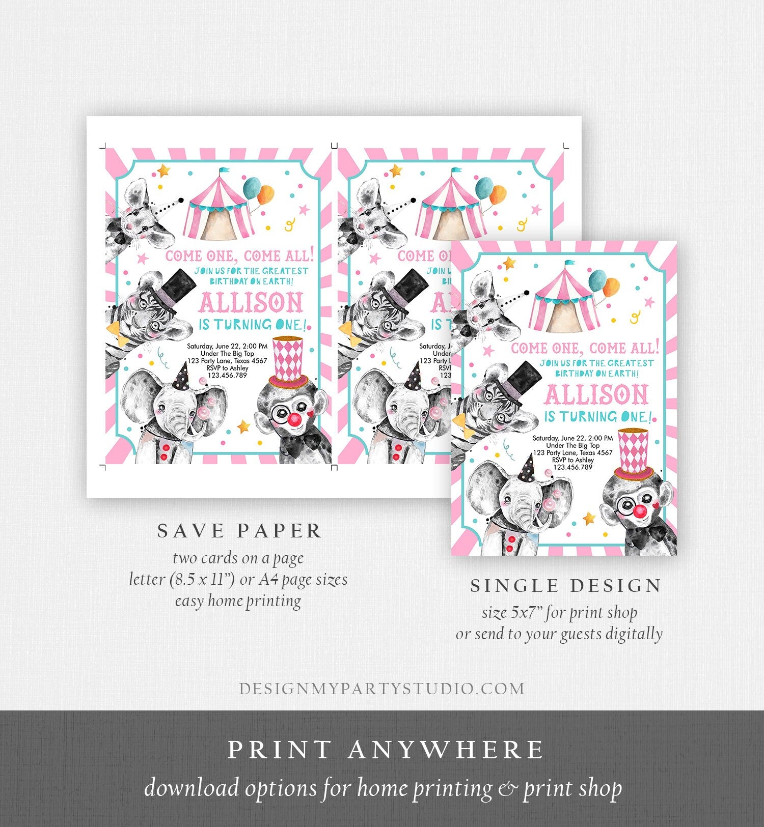 Editable Circus Birthday Invitation Girl Pink Circus Animals Invitation Carnival Invite Download Printable Template Digital Corjl 0355