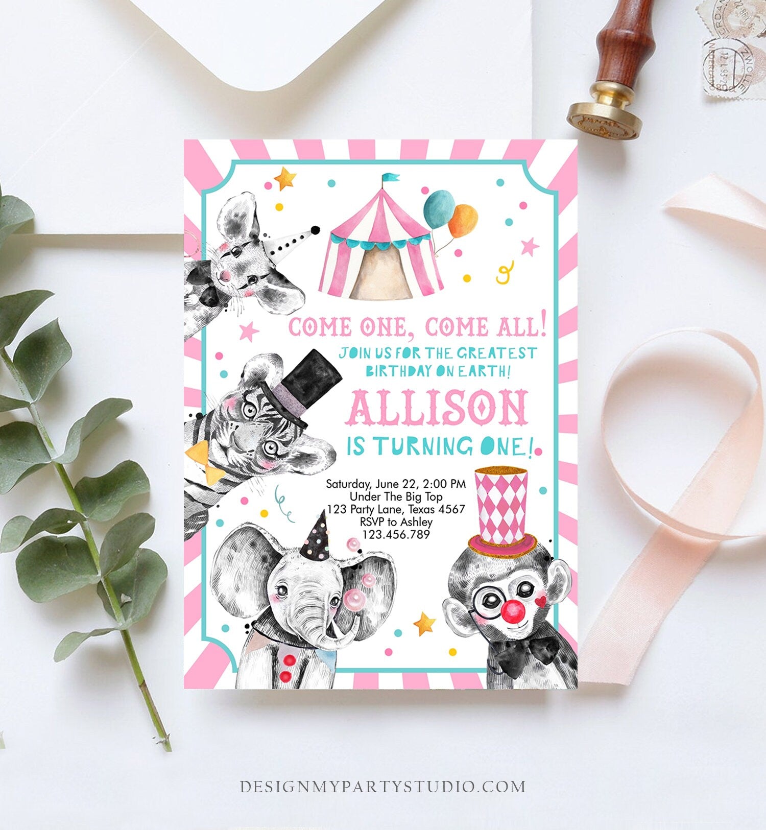 Editable Circus Birthday Invitation Girl Pink Circus Animals Invitation Carnival Invite Download Printable Template Digital Corjl 0355