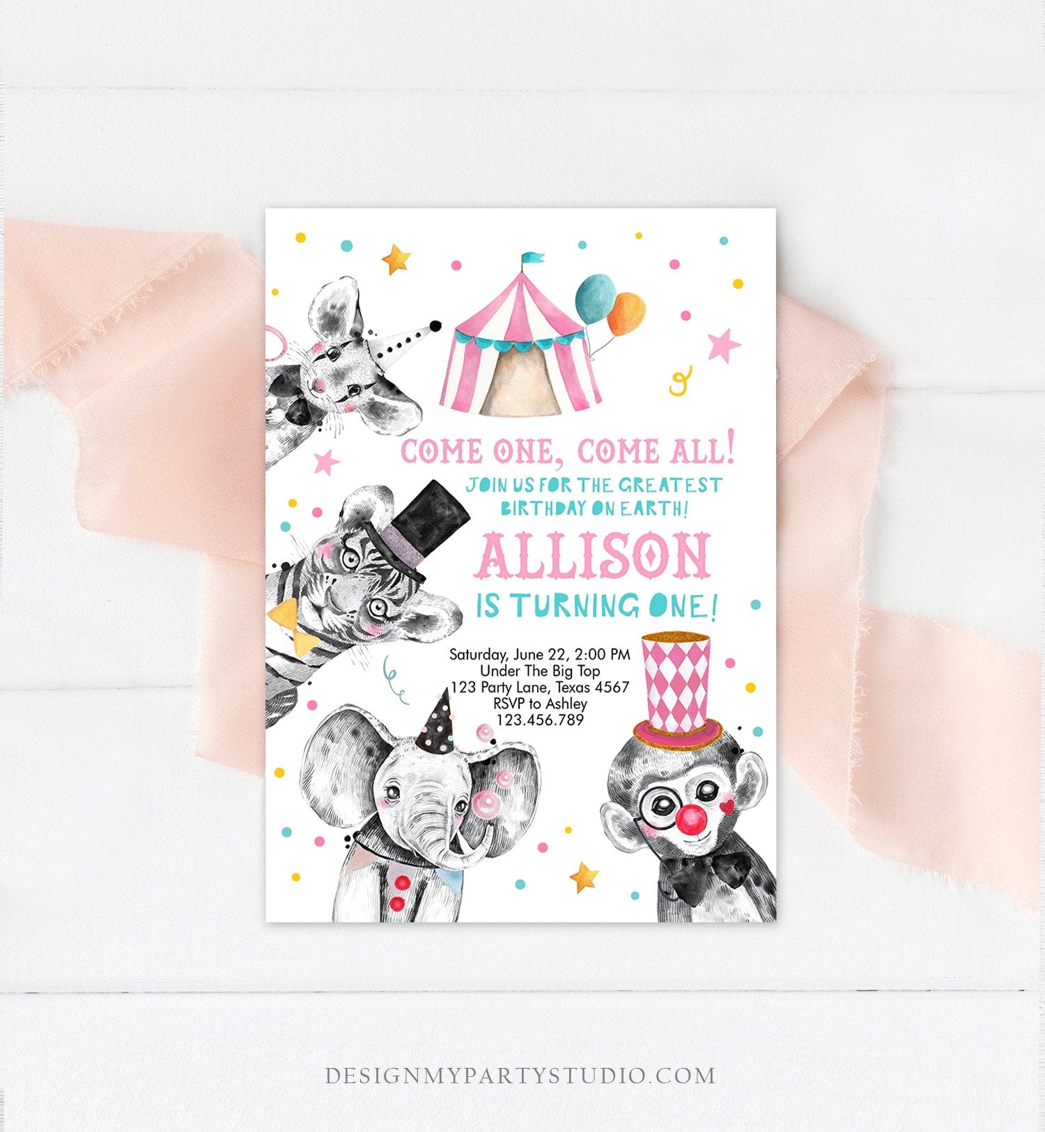 Editable Circus Birthday Invitation Girl Pink Circus Animals Invitation Carnival Invite Download Printable Template Digital Corjl 0355