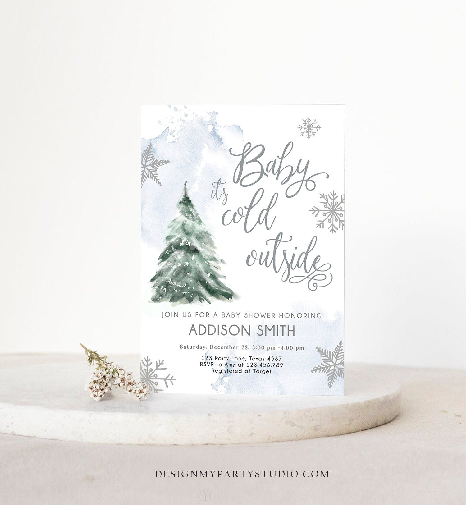 Editable Baby Its Cold Outside Baby Shower Invitation Winter Baby Shower Gender Neutral Snow Watercolor Tree Template Download Corjl 0363